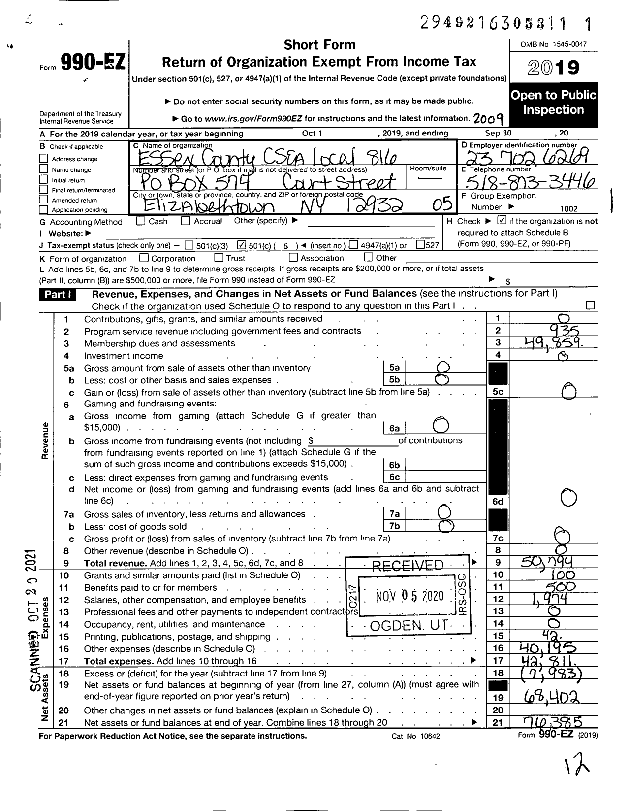 Image of first page of 2019 Form 990EO for Civil Service Employees Association - 0816 Essex County