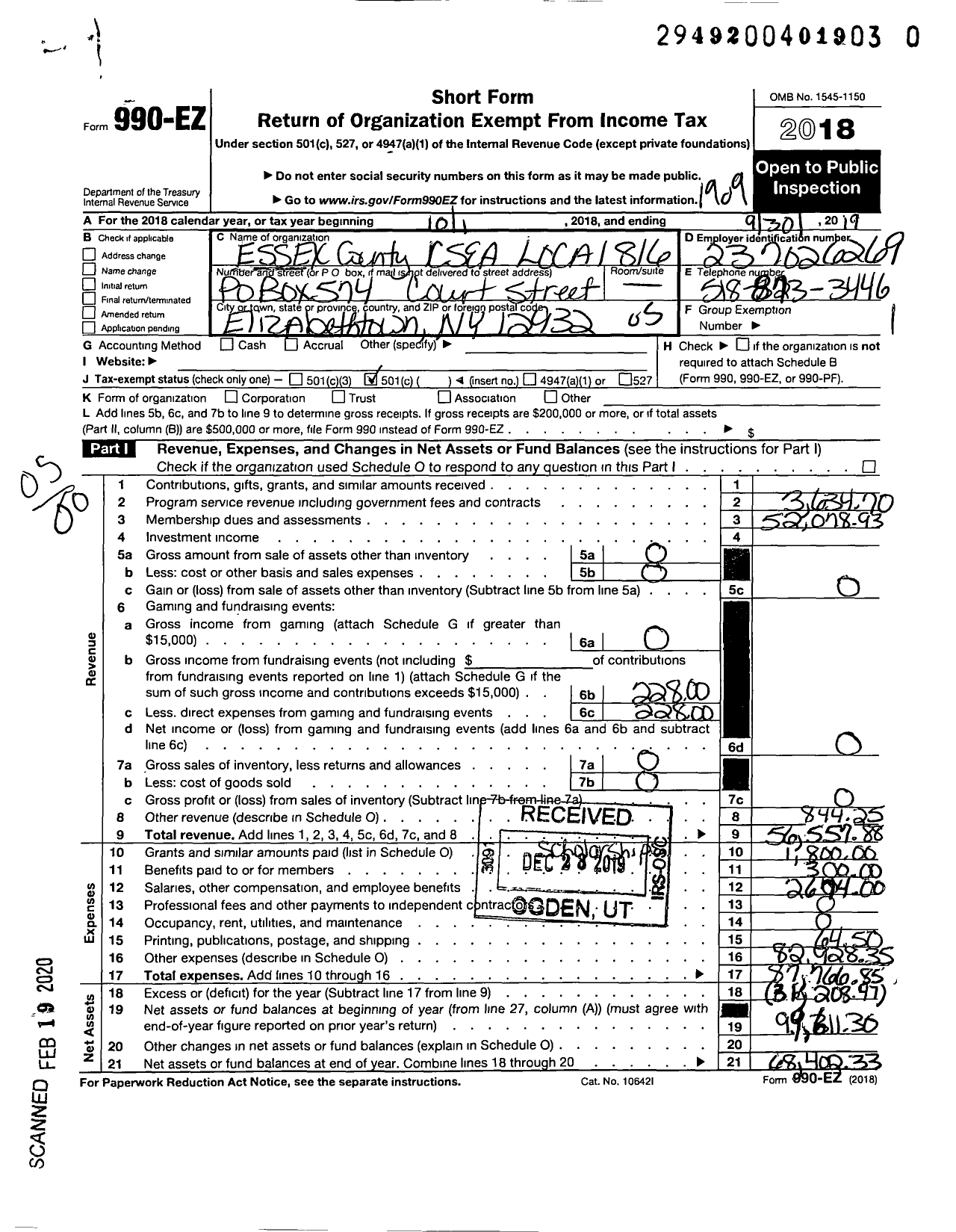 Image of first page of 2018 Form 990EO for Civil Service Employees Association - 0816 Essex County