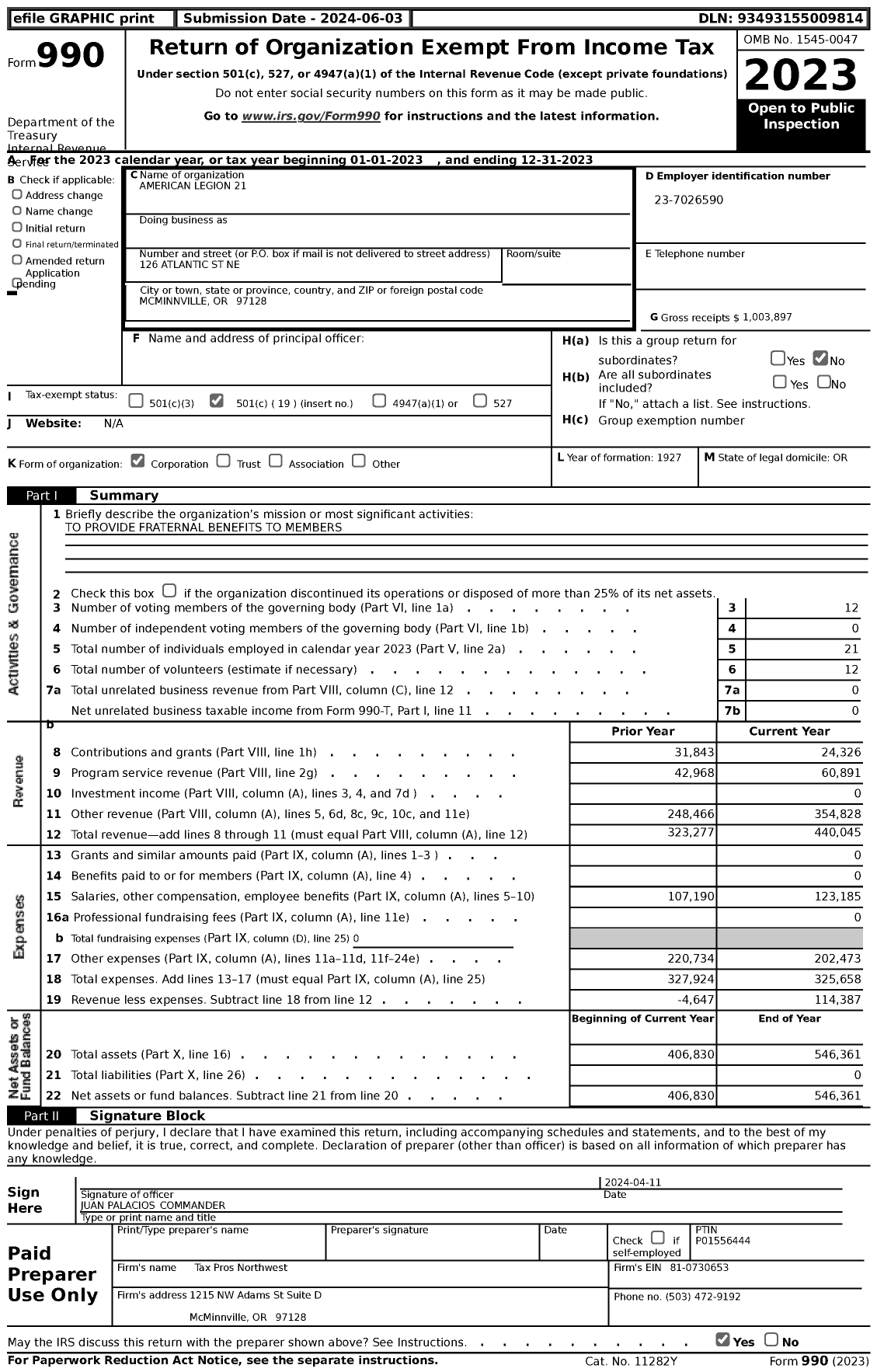 Image of first page of 2023 Form 990 for American Legion - 0021 MC Minnville