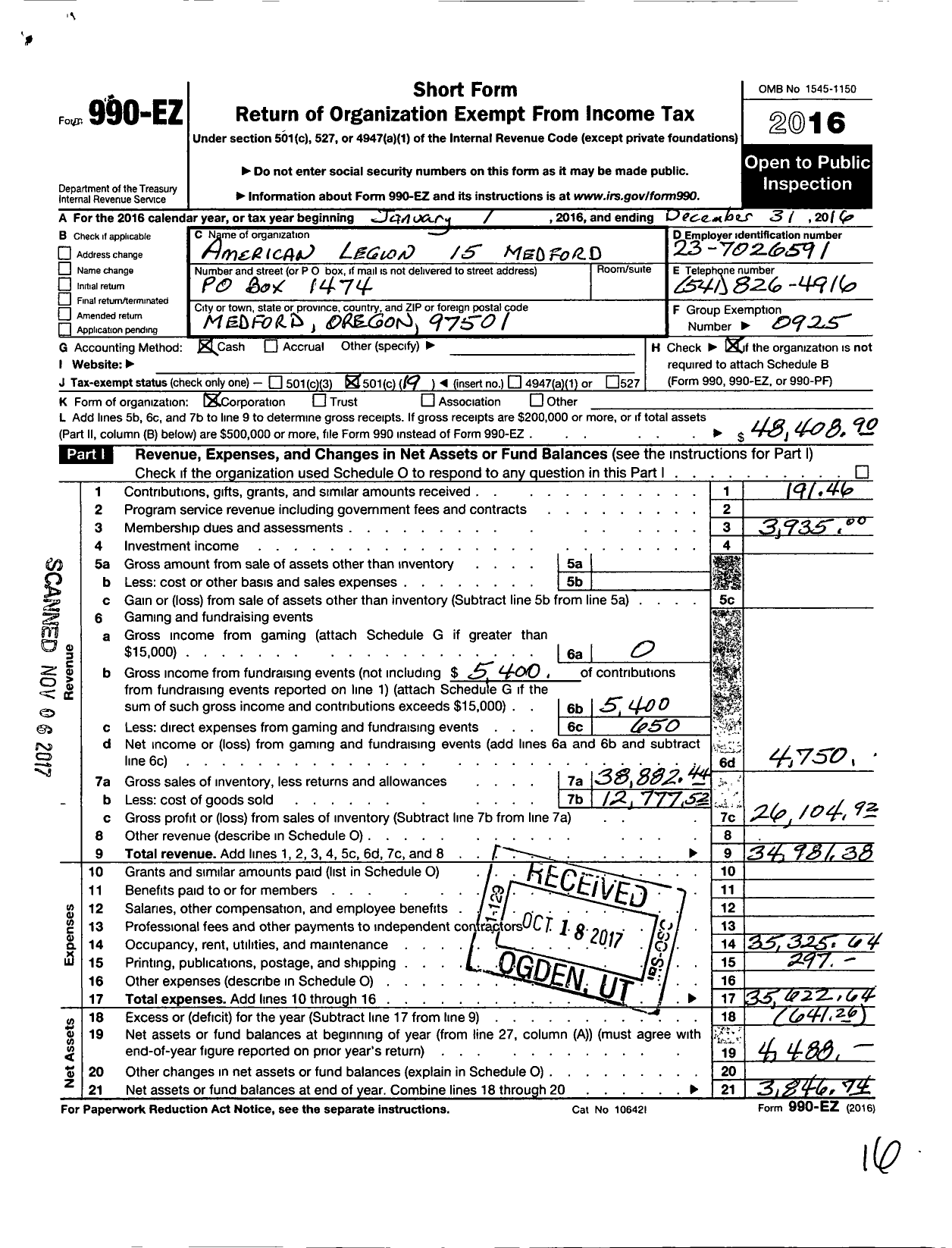 Image of first page of 2016 Form 990EO for American Legion - 0015 Medford