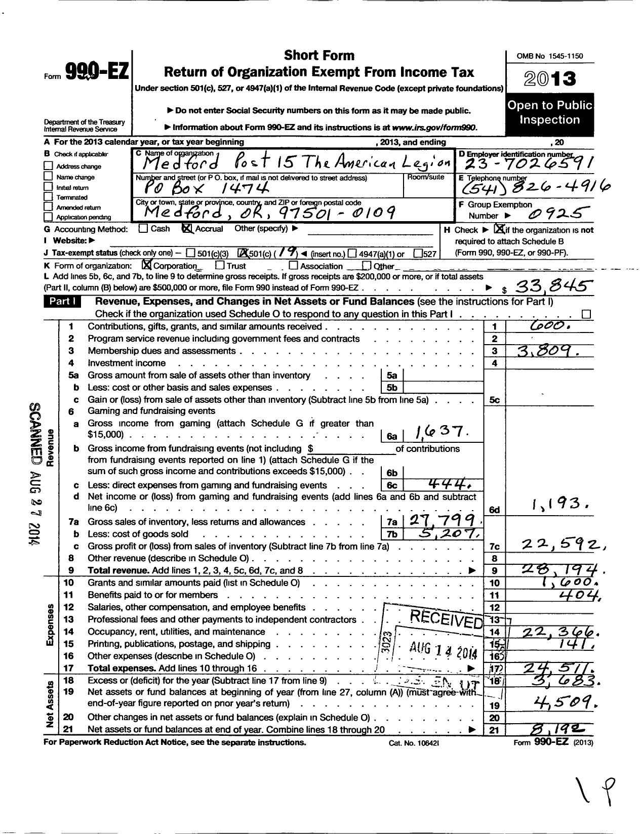 Image of first page of 2013 Form 990EO for American Legion - 0015 Medford