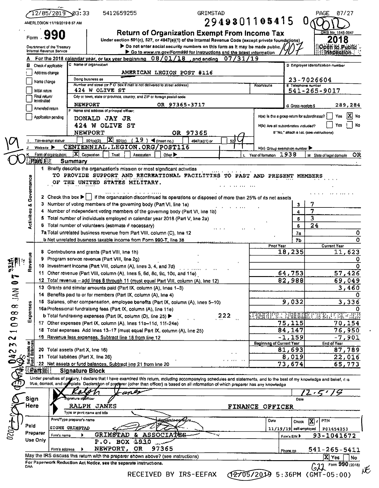 Image of first page of 2018 Form 990O for American Legion - 0116 Newport Post Or