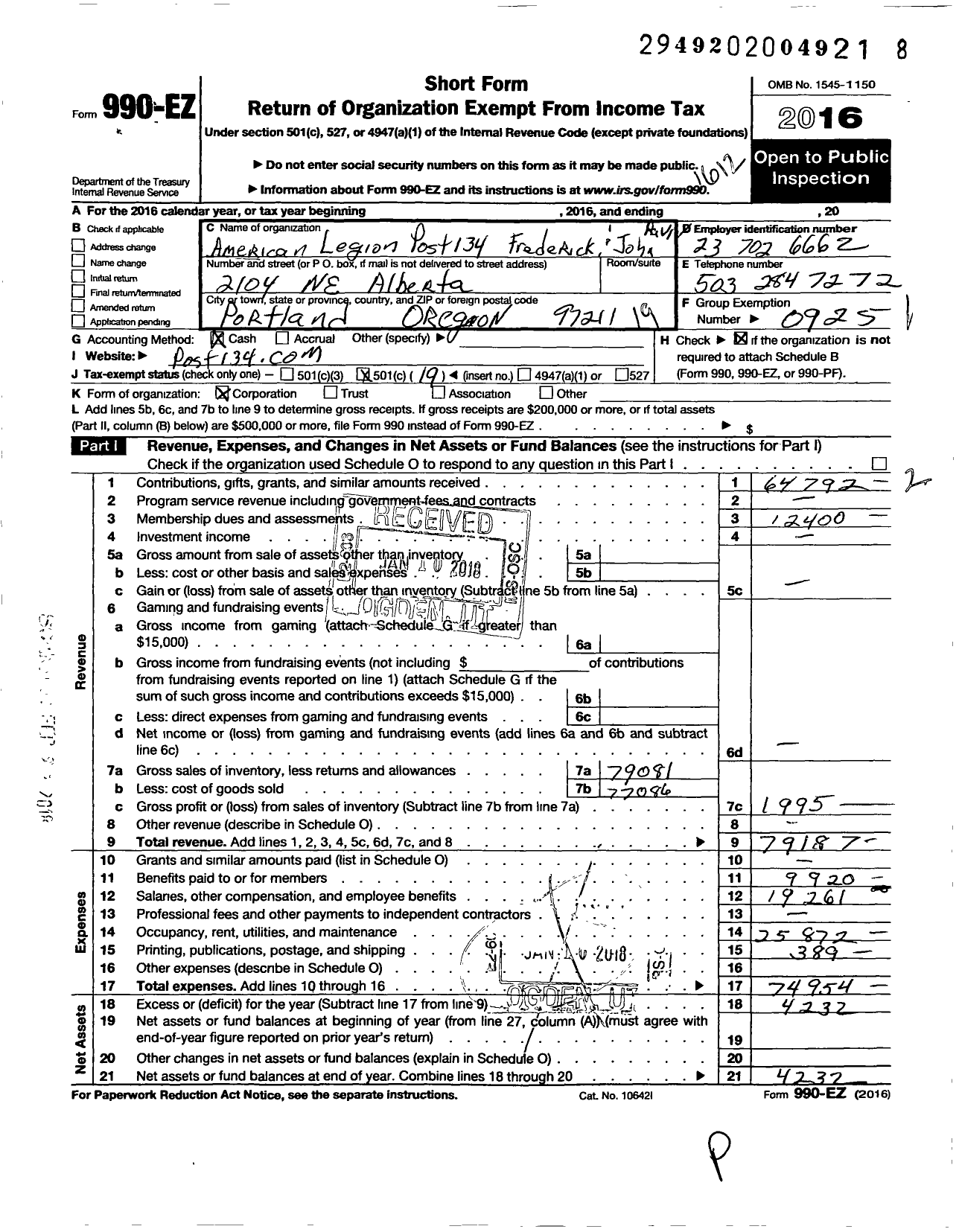 Image of first page of 2016 Form 990EO for American Legion - 0134 Frederick and John Ravin Post