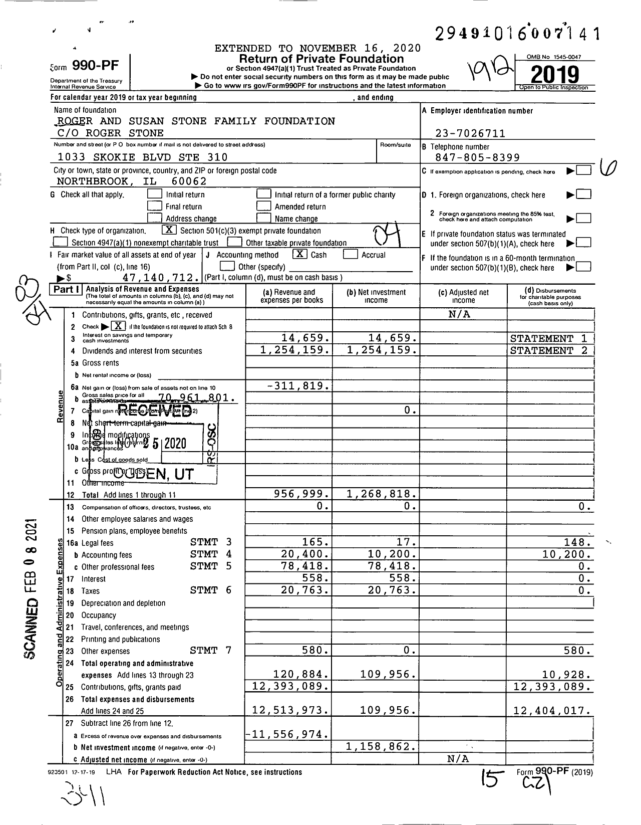 Image of first page of 2019 Form 990PF for Roger and Susan Stone Family Foundation