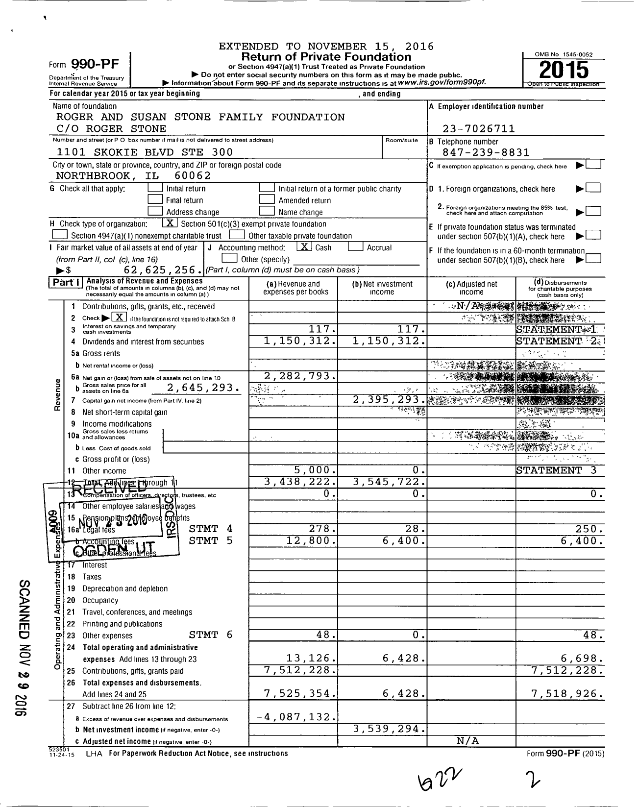 Image of first page of 2015 Form 990PF for Roger and Susan Stone Family Foundation