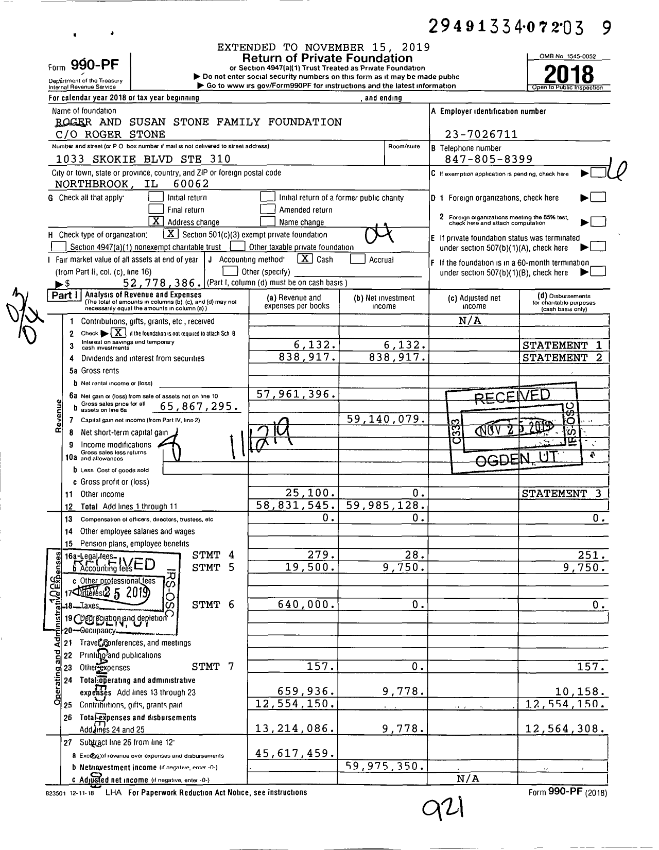 Image of first page of 2018 Form 990PF for Roger and Susan Stone Family Foundation