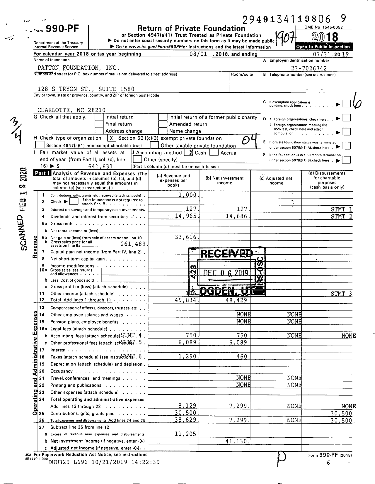 Image of first page of 2018 Form 990PF for Patton Foundation