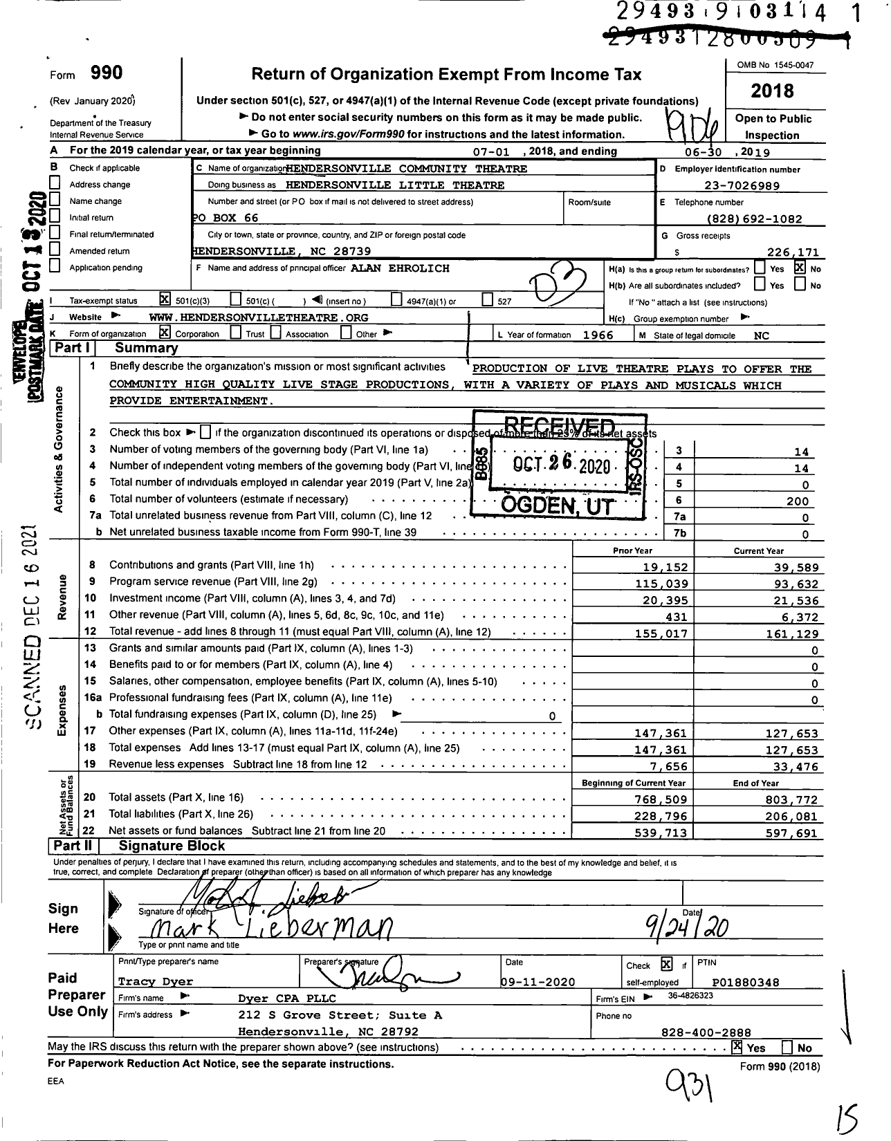 Image of first page of 2018 Form 990 for Hendersonville Community Theatre Hendersonville Theatre