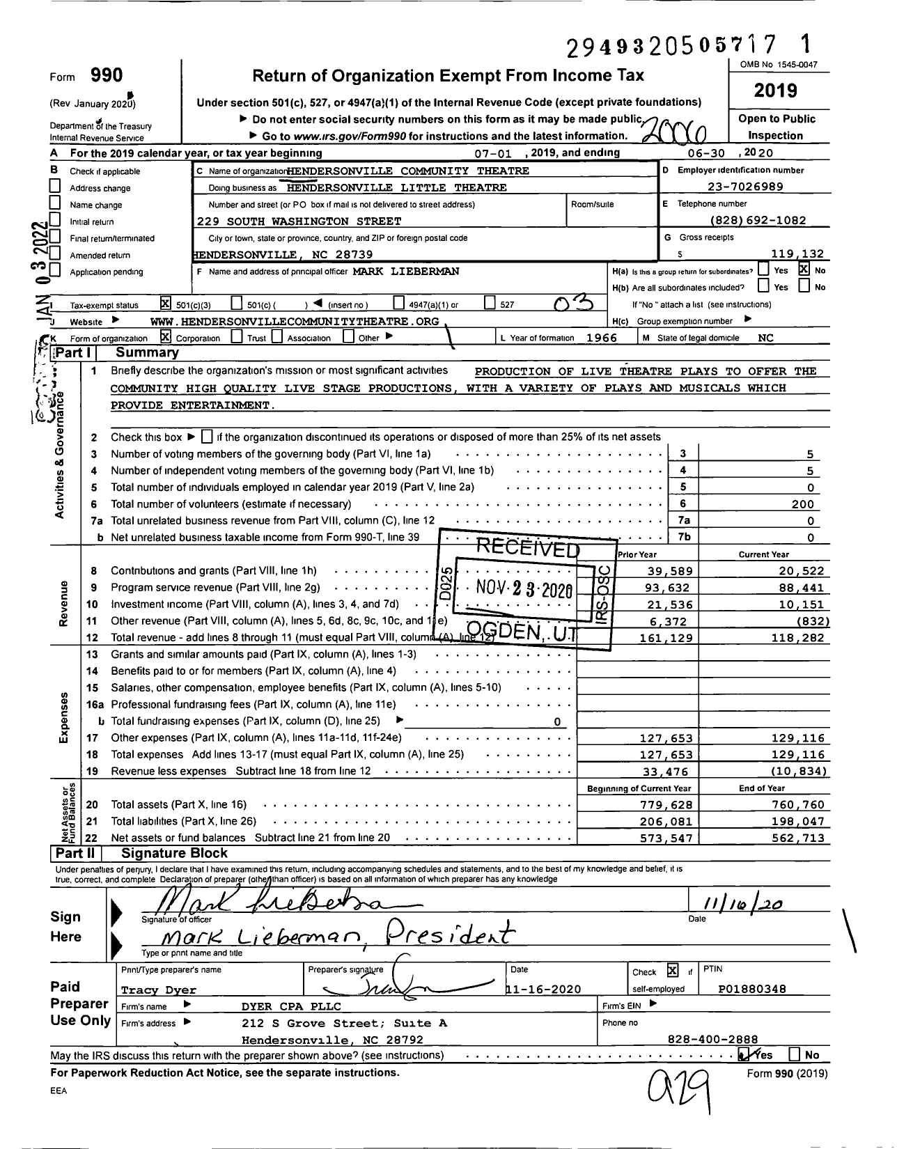 Image of first page of 2019 Form 990 for Hendersonville Community Theatre Hendersonville Theatre