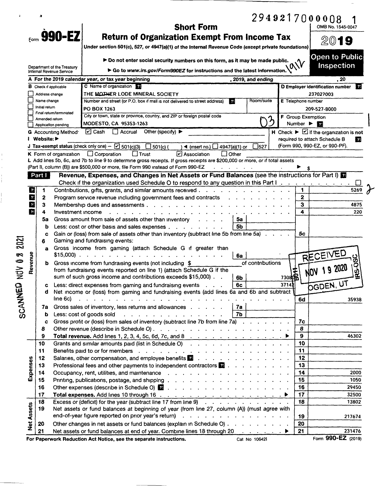 Image of first page of 2019 Form 990EZ for Mother Lode Mineral Society