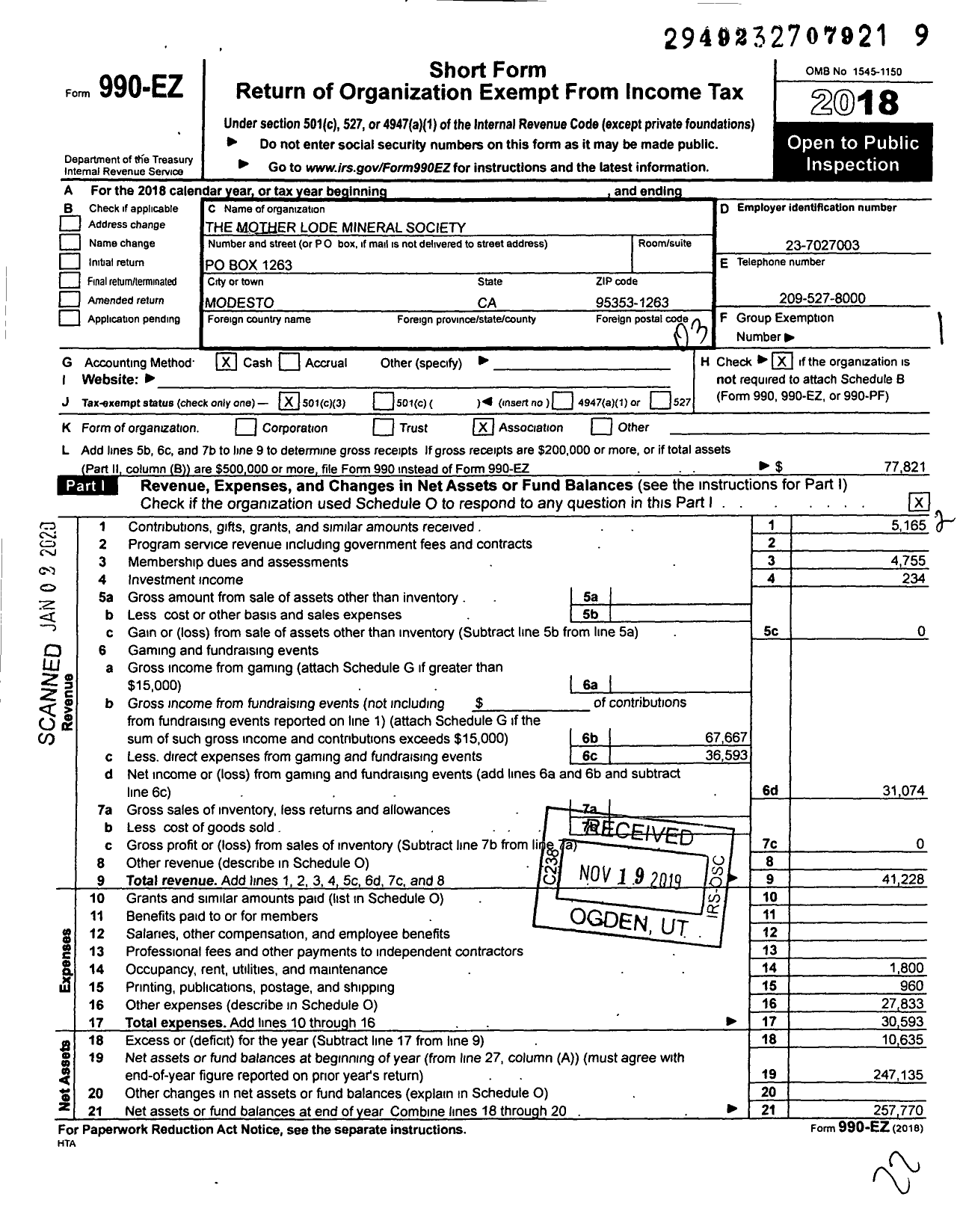 Image of first page of 2018 Form 990EZ for Mother Lode Mineral Society