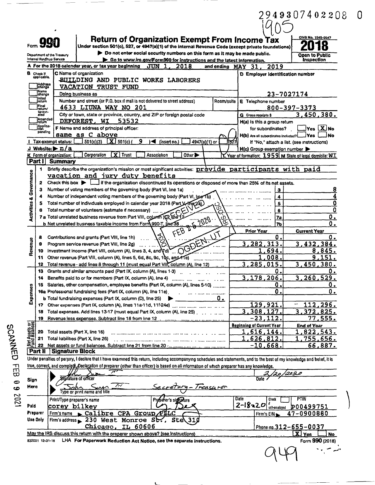 Image of first page of 2018 Form 990O for Building and Public Works Laborers Vacation Trust Fund