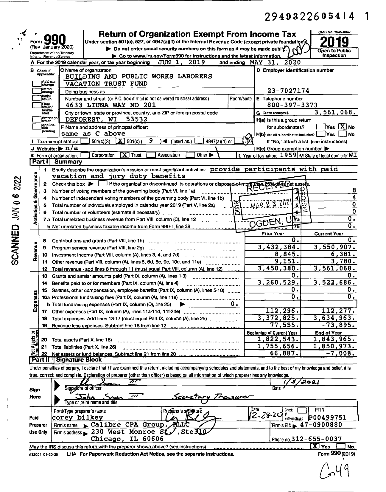 Image of first page of 2019 Form 990O for Building and Public Works Laborers Vacation Trust Fund