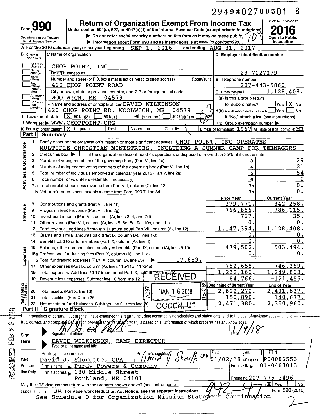 Image of first page of 2016 Form 990 for Chop Point