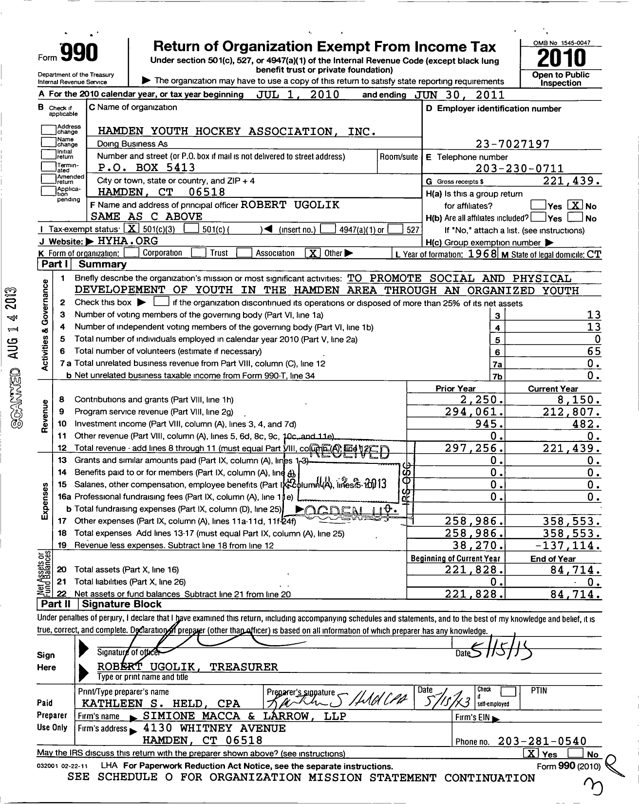 Image of first page of 2010 Form 990 for Hamden Youth Hockey Association