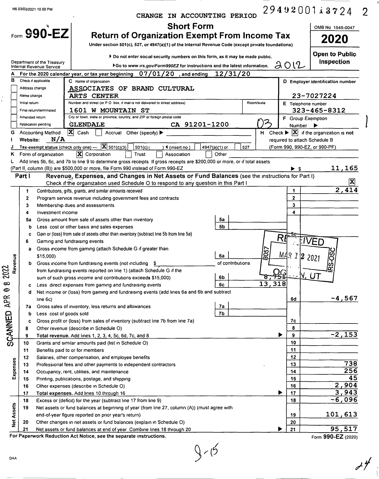 Image of first page of 2020 Form 990EZ for Associates of Brand Cultural Arts Center