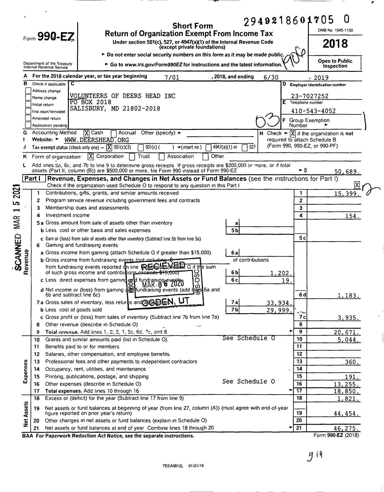 Image of first page of 2018 Form 990EZ for Volunteers of Deers Head