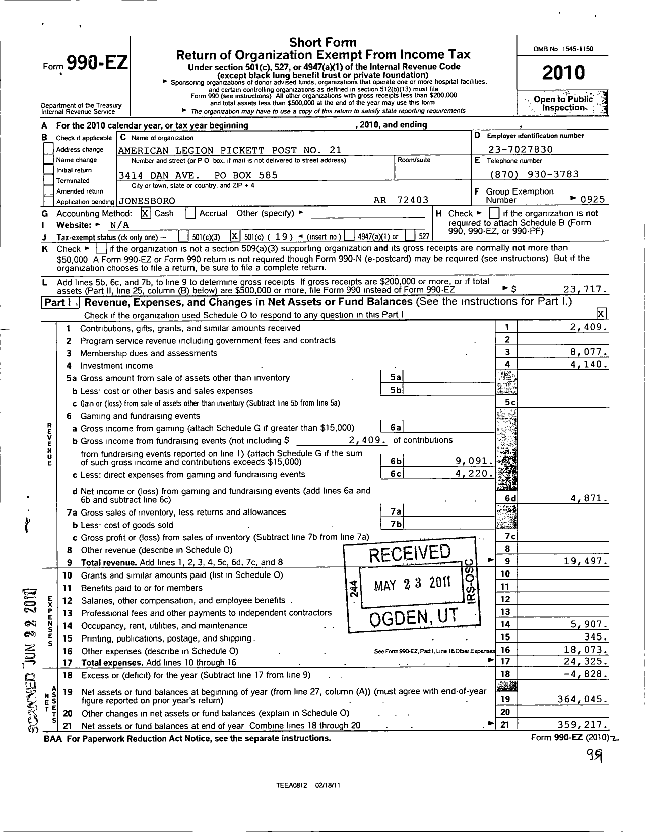 Image of first page of 2010 Form 990EO for American Legion - 21 Pickett Ar Post