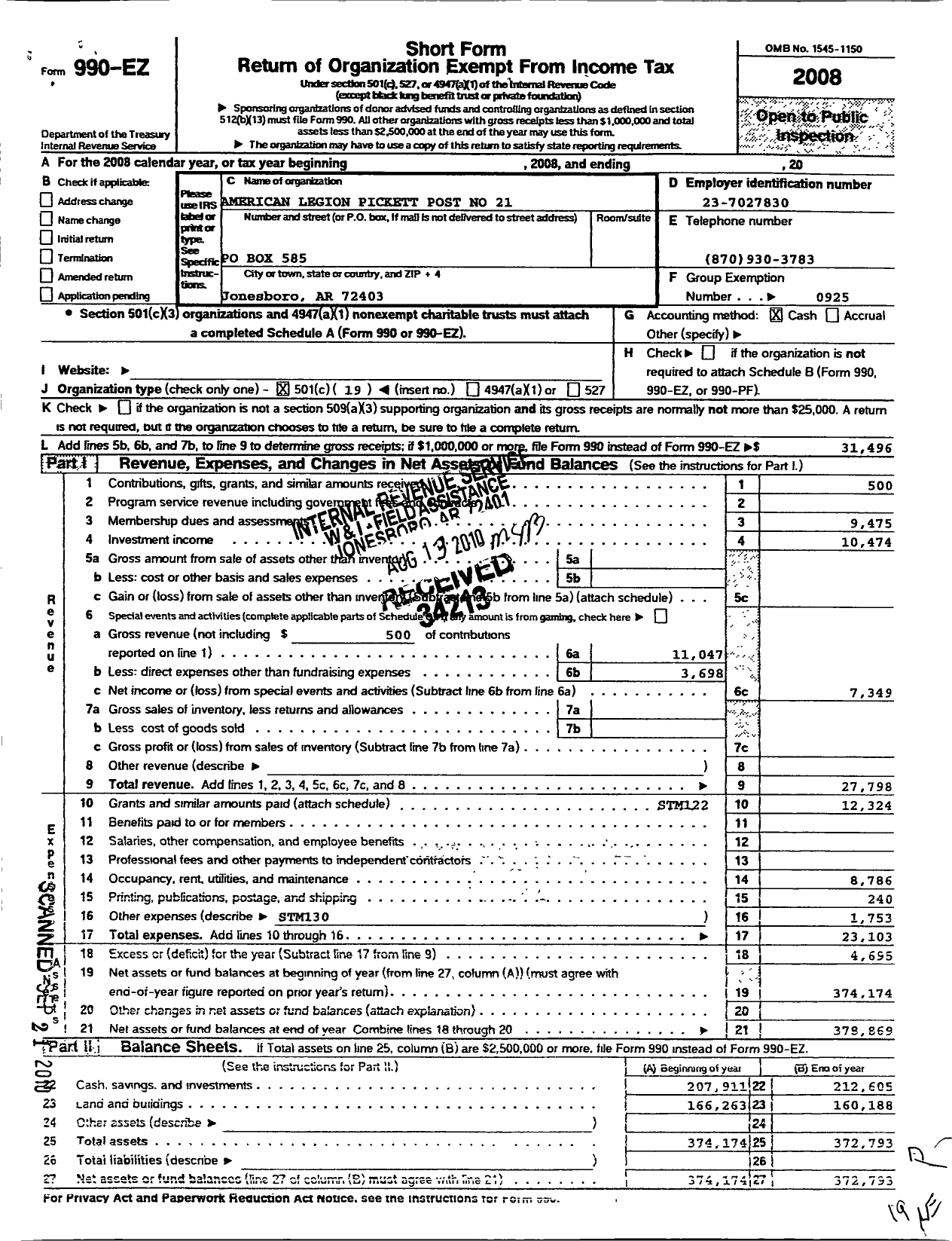 Image of first page of 2008 Form 990EO for American Legion - 21 Pickett Ar Post