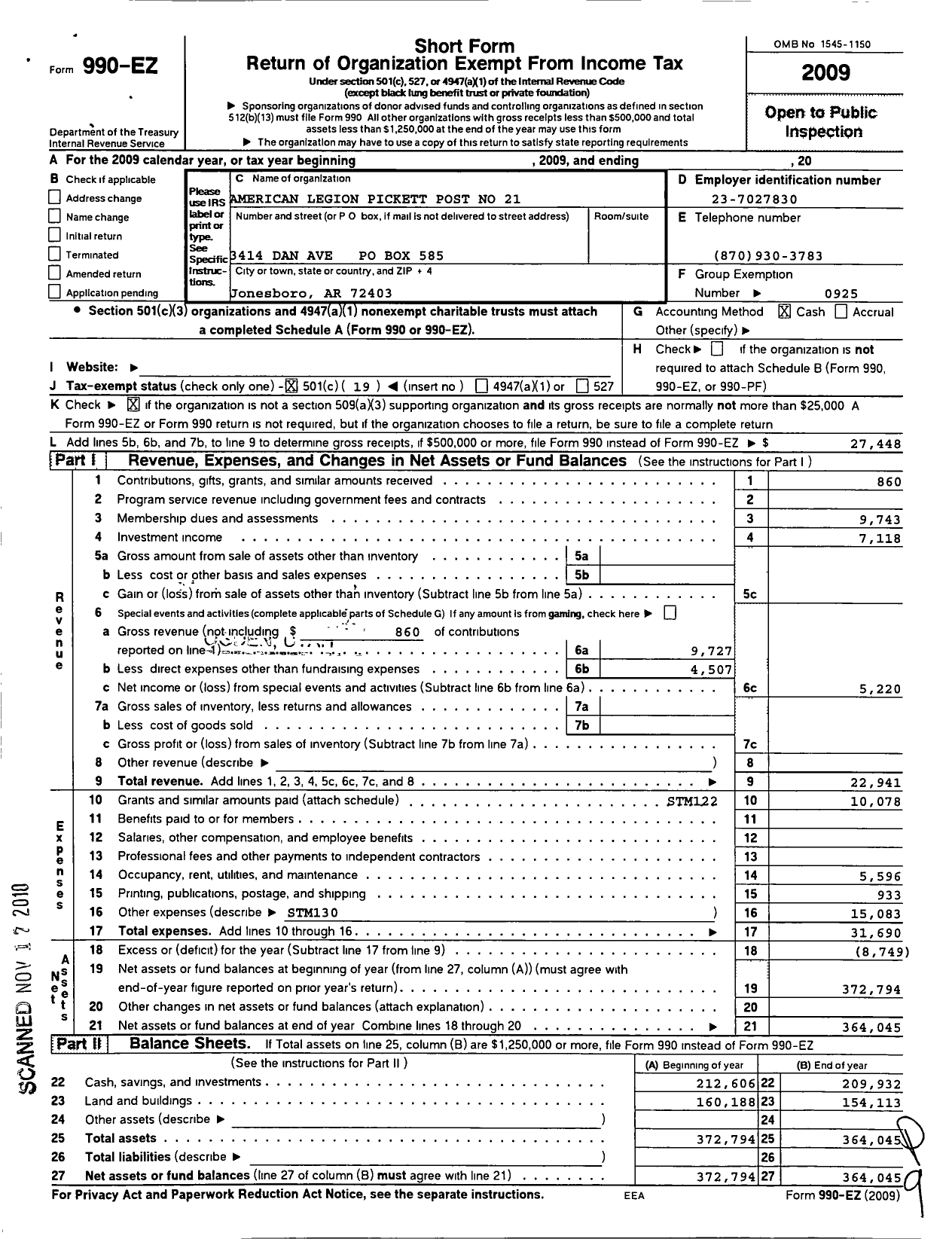 Image of first page of 2009 Form 990EO for American Legion - 21 Pickett Ar Post