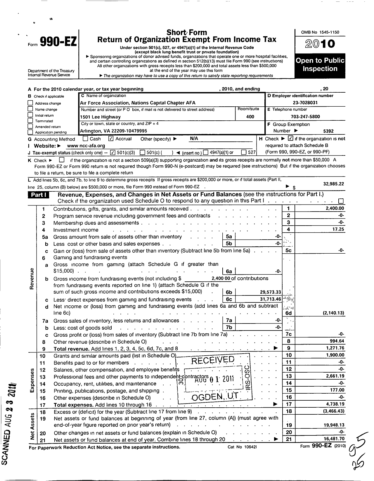 Image of first page of 2010 Form 990EZ for Air Force Association - 130 Af Nations Capital Chapter