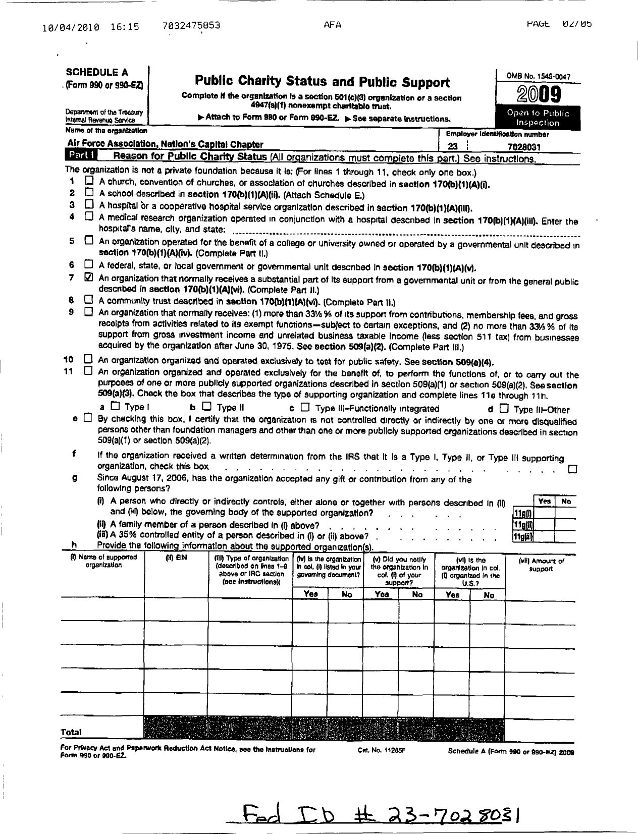 Image of first page of 2009 Form 990ER for Air Force Association - 130 Af Nations Capital Chapter