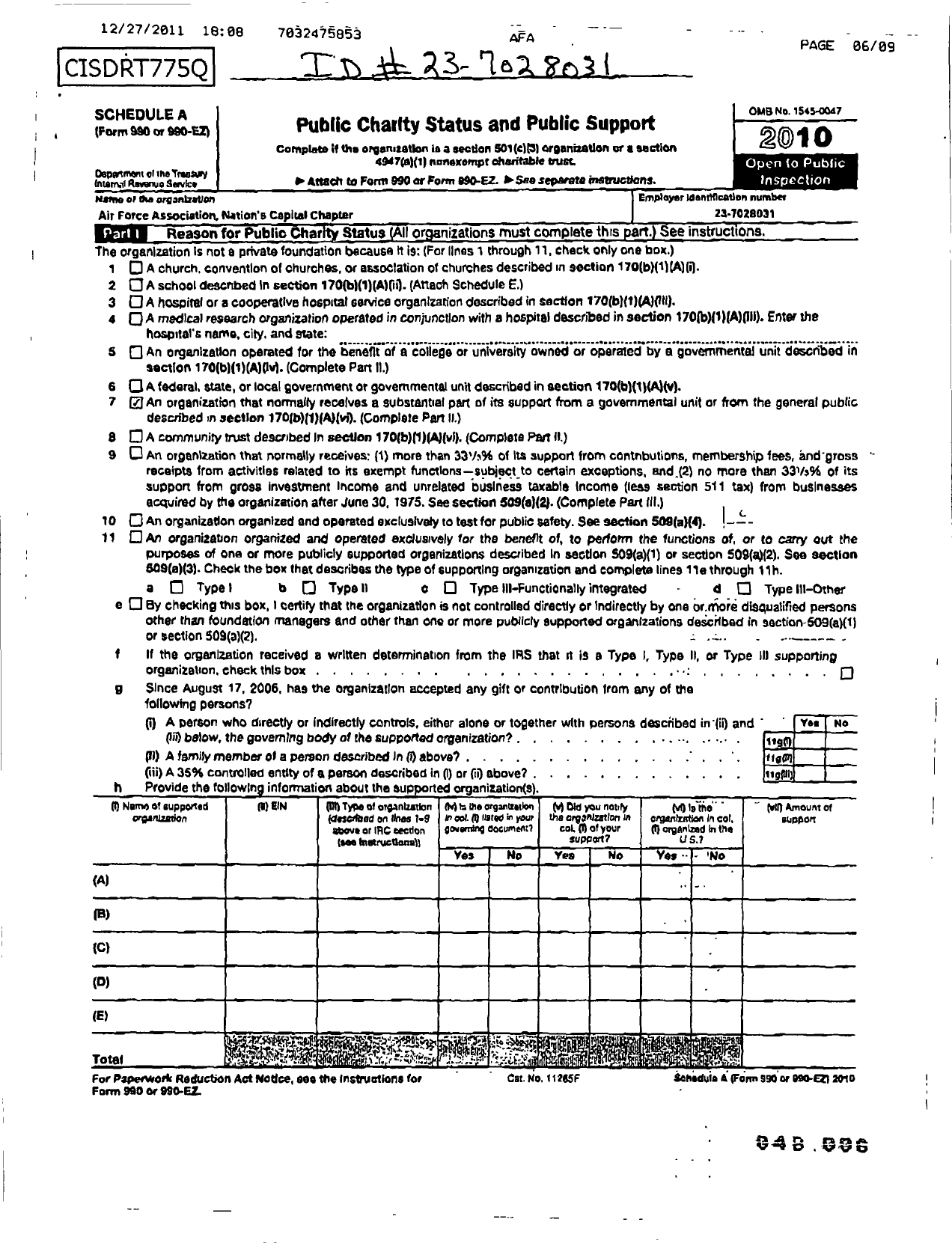 Image of first page of 2010 Form 990ER for Air Force Association - 130 Af Nations Capital Chapter