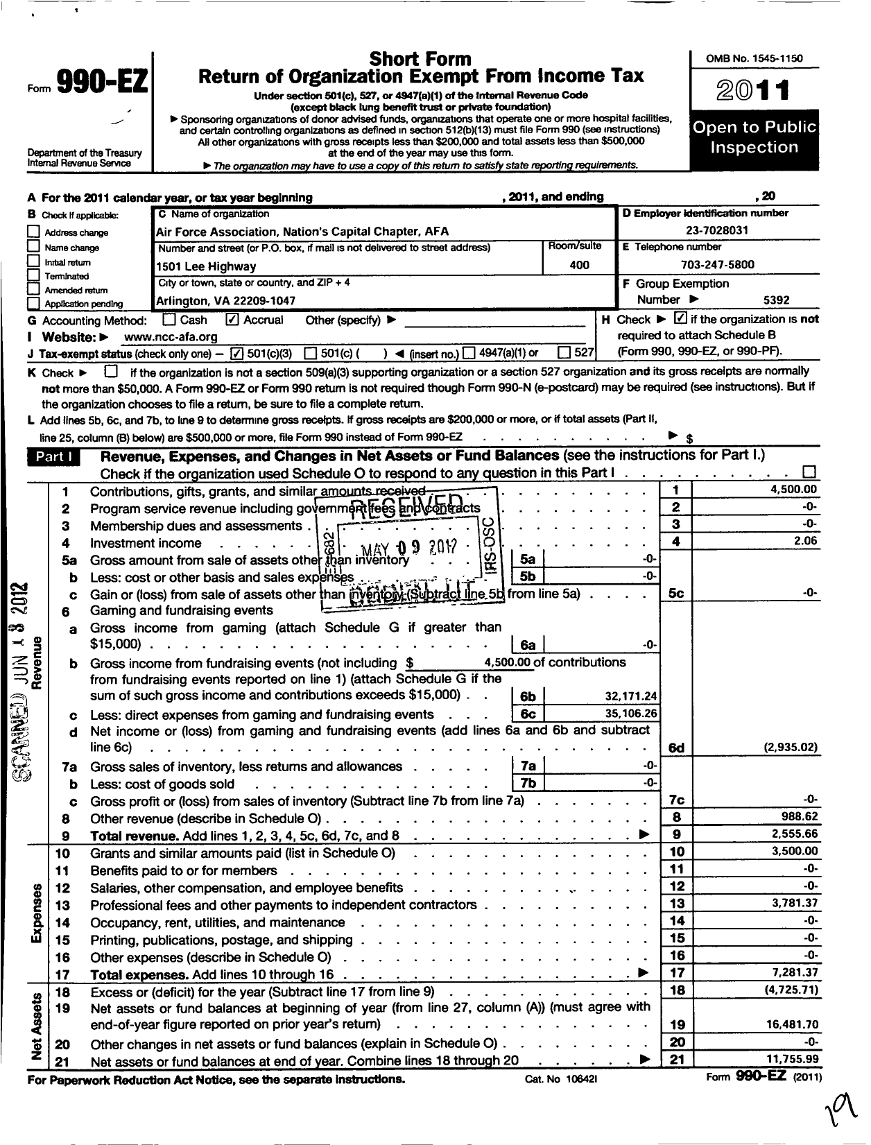 Image of first page of 2011 Form 990EZ for Air Force Association - 130 Af Nations Capital Chapter