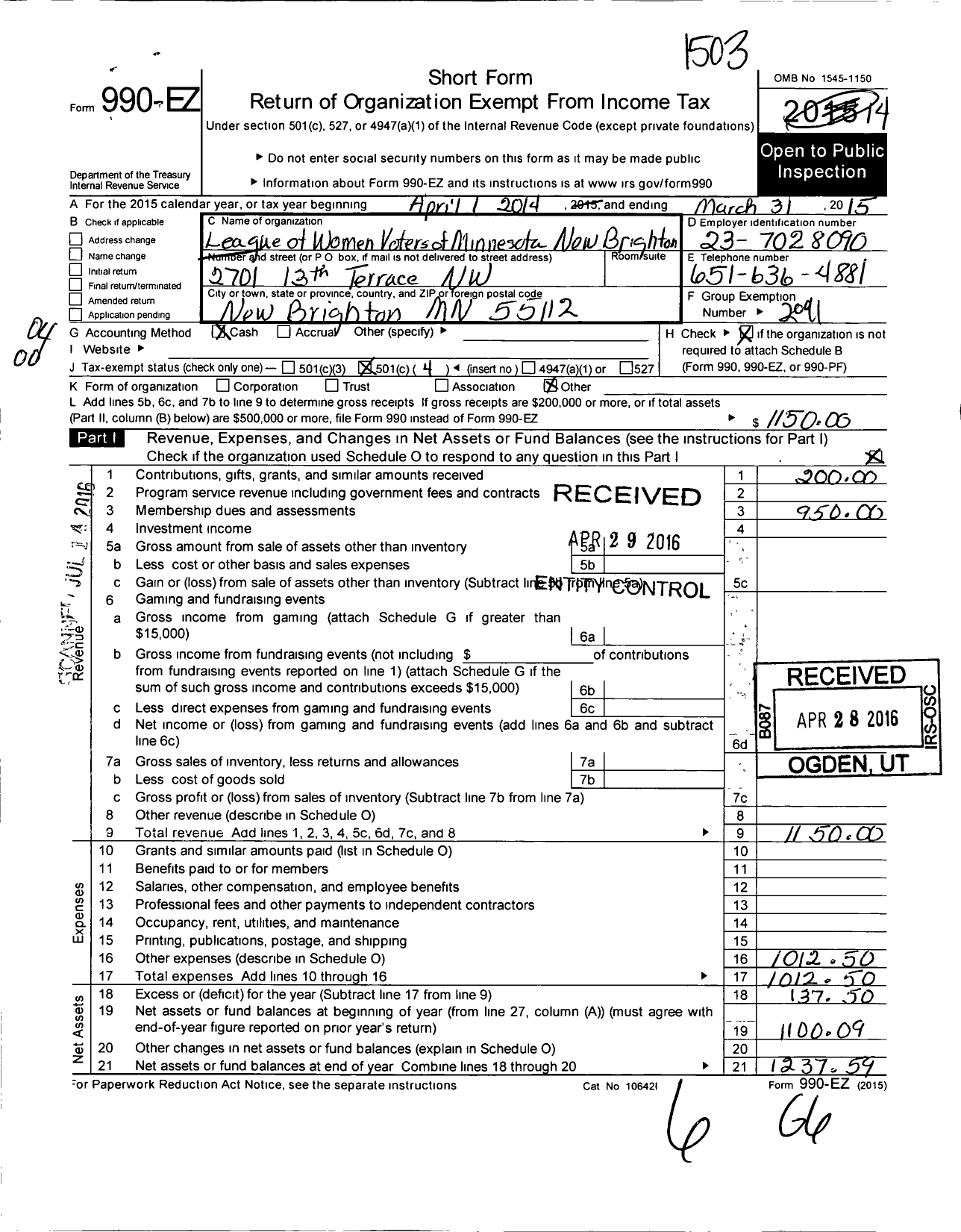 Image of first page of 2014 Form 990EO for League of Women Voters of Minnesota / New Brighton