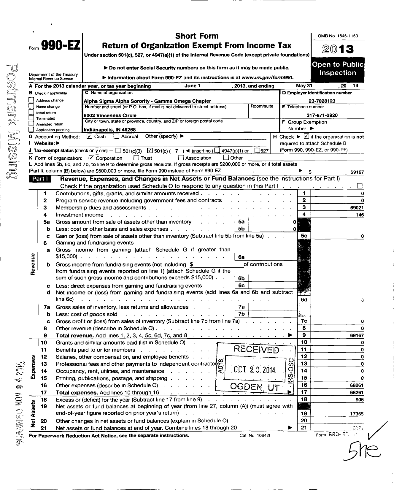 Image of first page of 2013 Form 990EO for Alpha Sigma Alpha Sorority / Gamma Omega Chapter