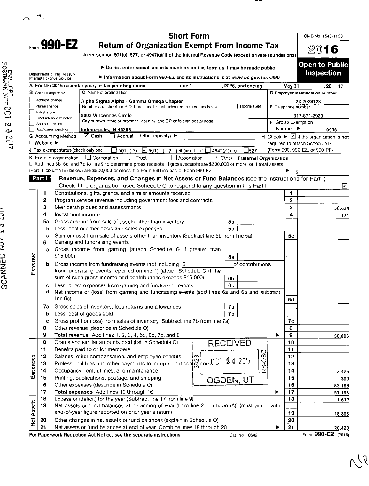 Image of first page of 2016 Form 990EO for Alpha Sigma Alpha Sorority / Gamma Omega Chapter