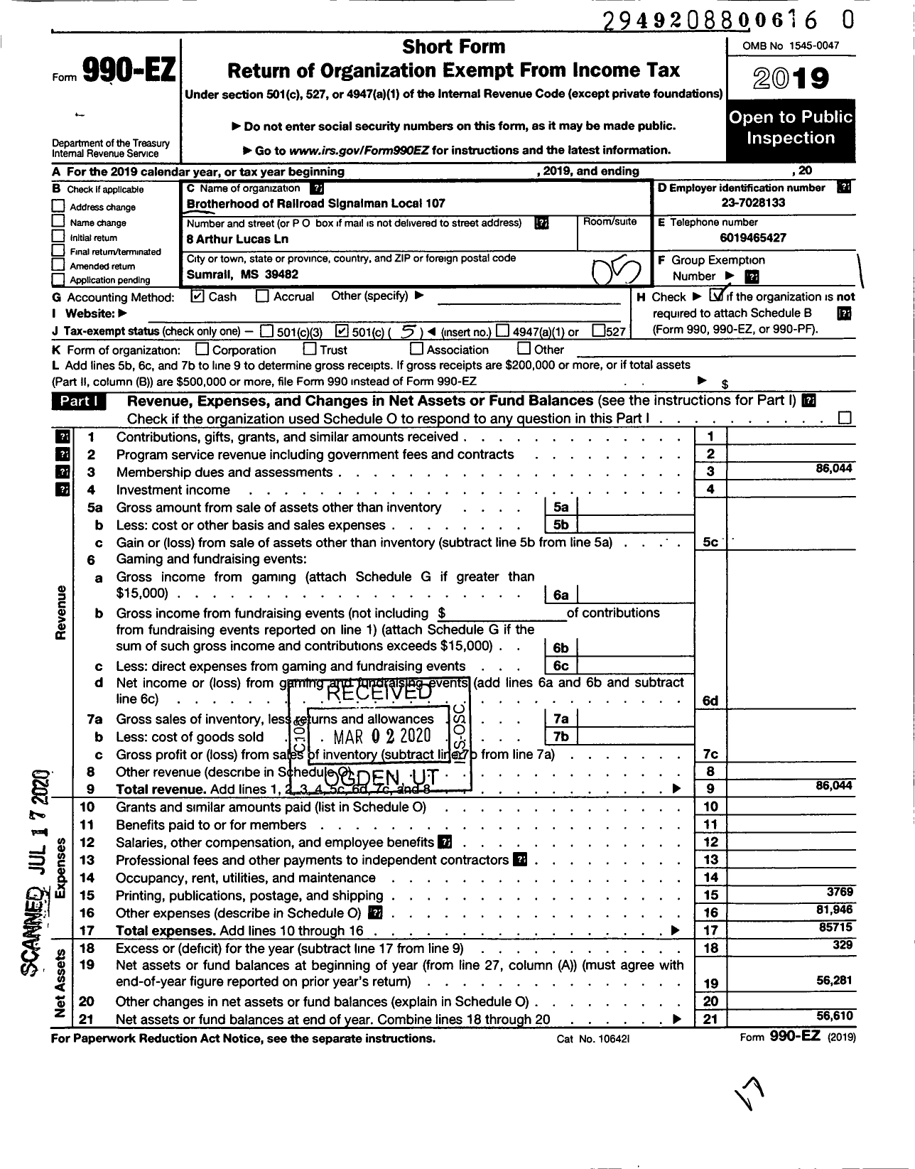 Image of first page of 2019 Form 990EO for Brotherhood of Railroad Signalmen - 107 Local