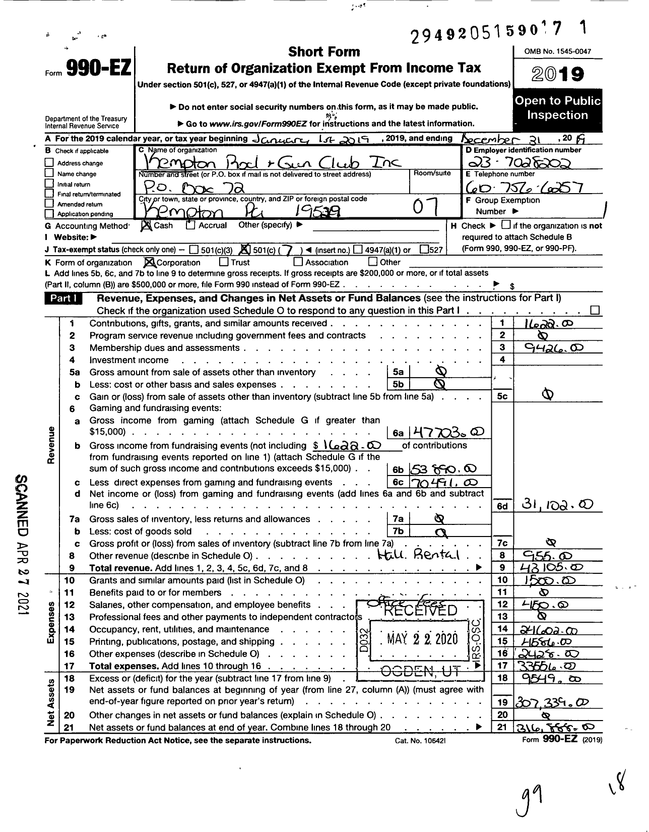 Image of first page of 2019 Form 990EO for Kempton Rod and Gun Club