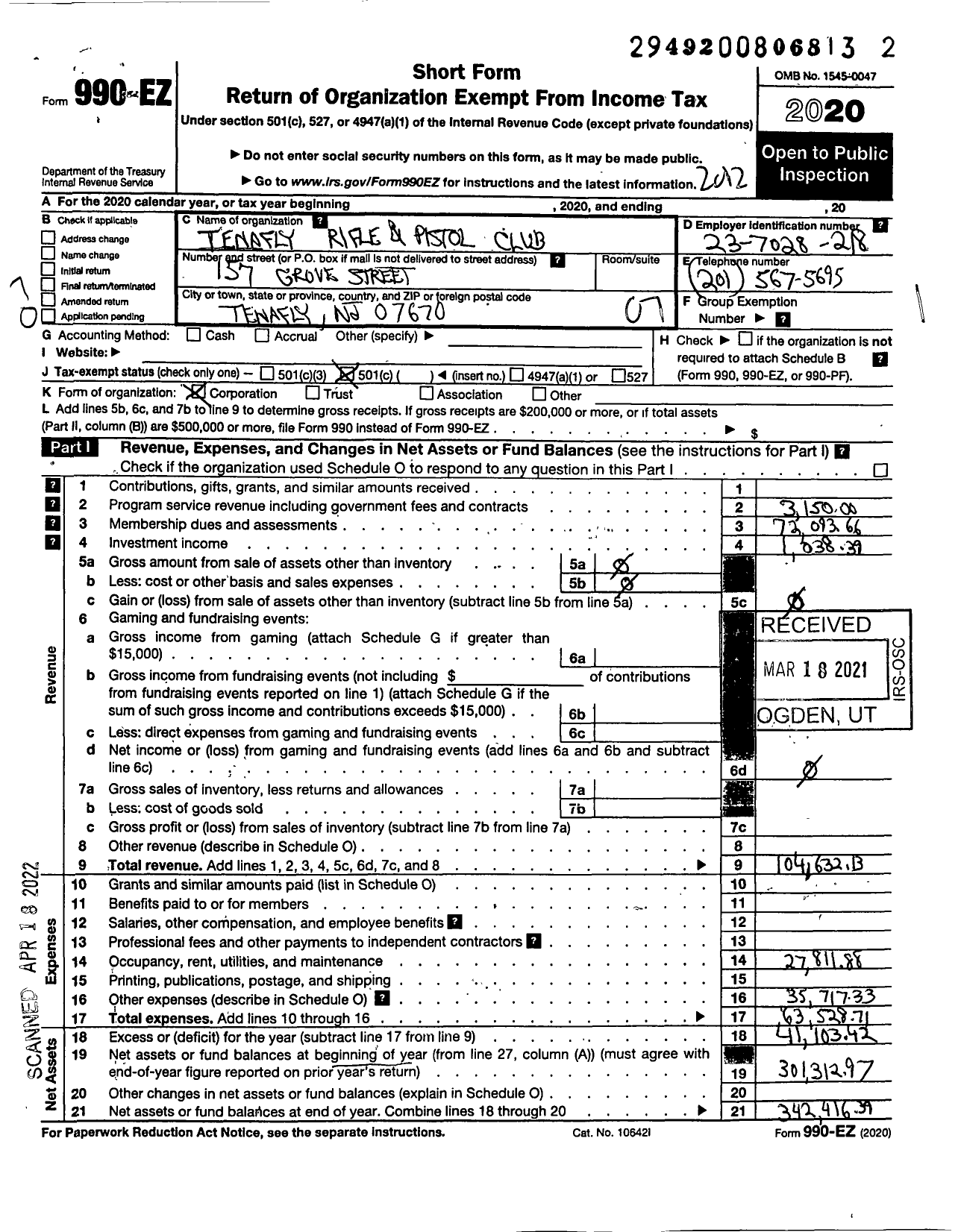 Image of first page of 2020 Form 990EO for Tenafly Rifle and Pistol Club