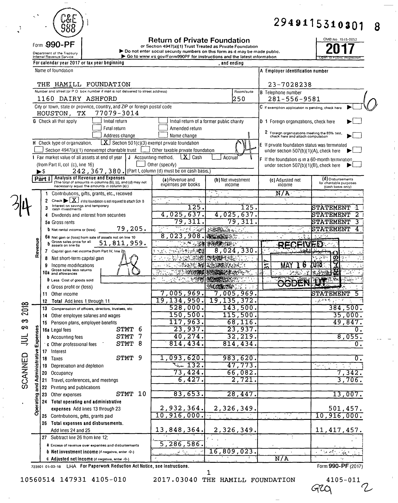 Image of first page of 2017 Form 990PF for Hamill Foundation