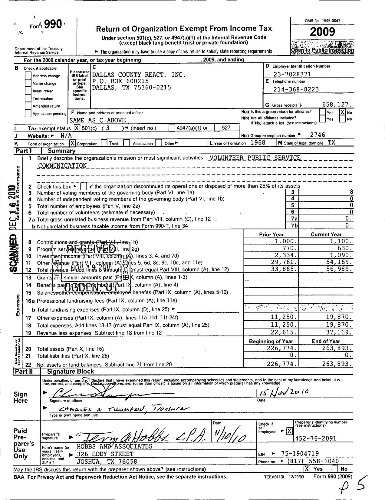 Image of first page of 2009 Form 990 for React International / C622 Dallas County React Inc