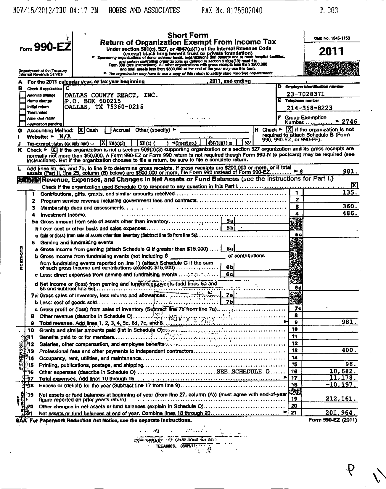 Image of first page of 2011 Form 990EZ for React International / C622 Dallas County React Inc