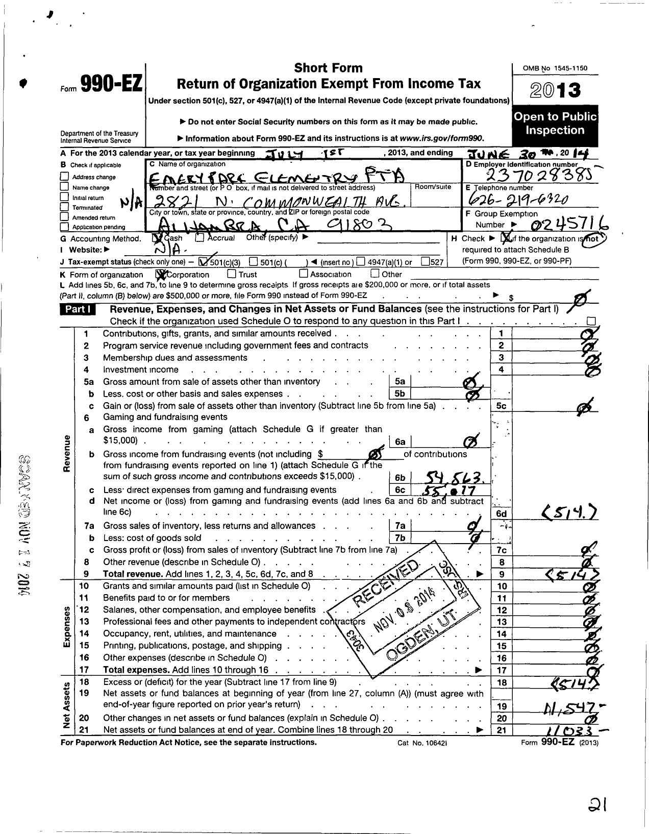 Image of first page of 2013 Form 990EZ for California State PTA - Emery Park Elementary PTA