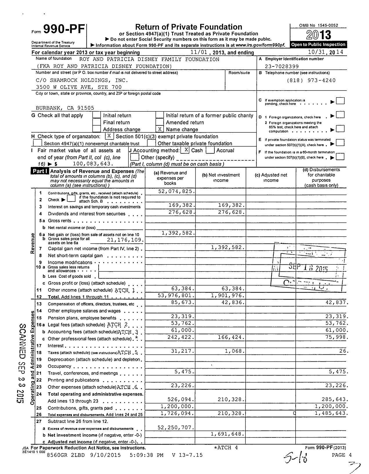 Image of first page of 2013 Form 990PF for Roy and Patricia Disney Family Foundation