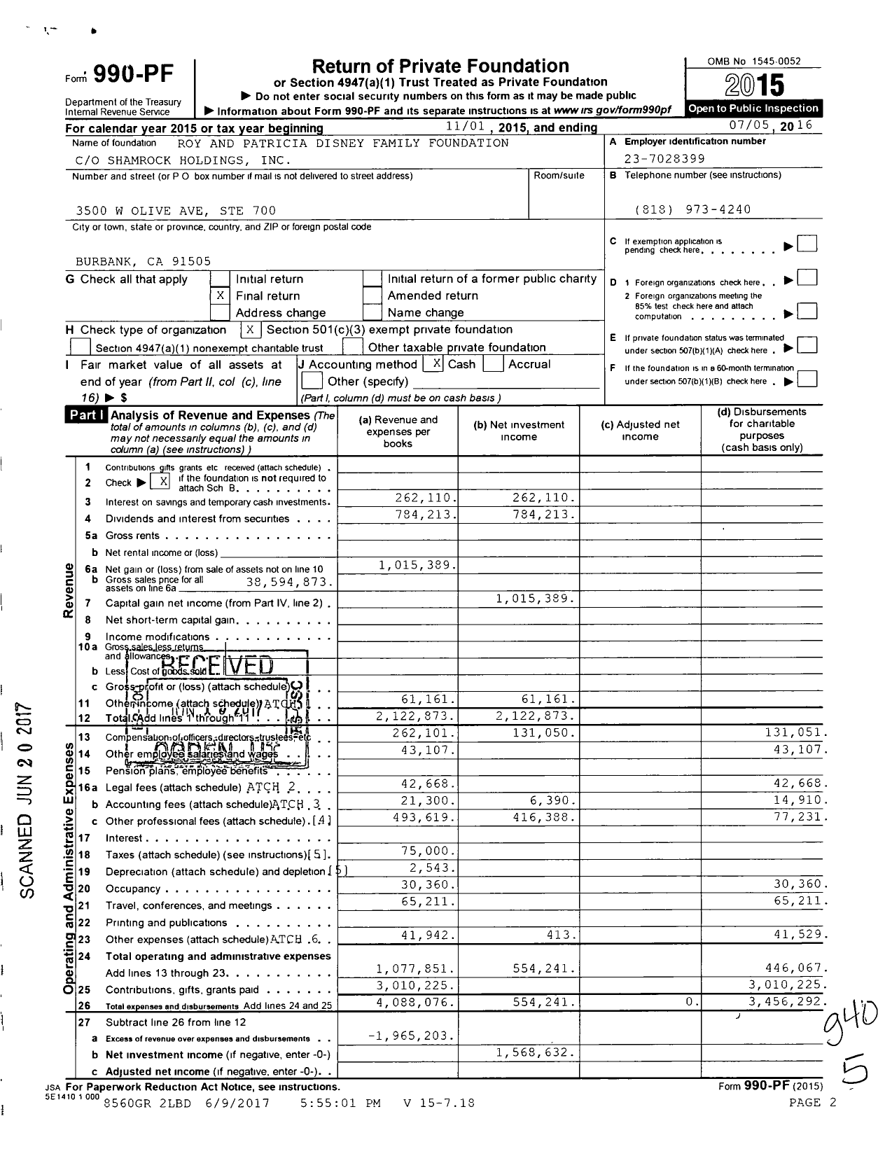 Image of first page of 2015 Form 990PF for Roy and Patricia Disney Family Foundation