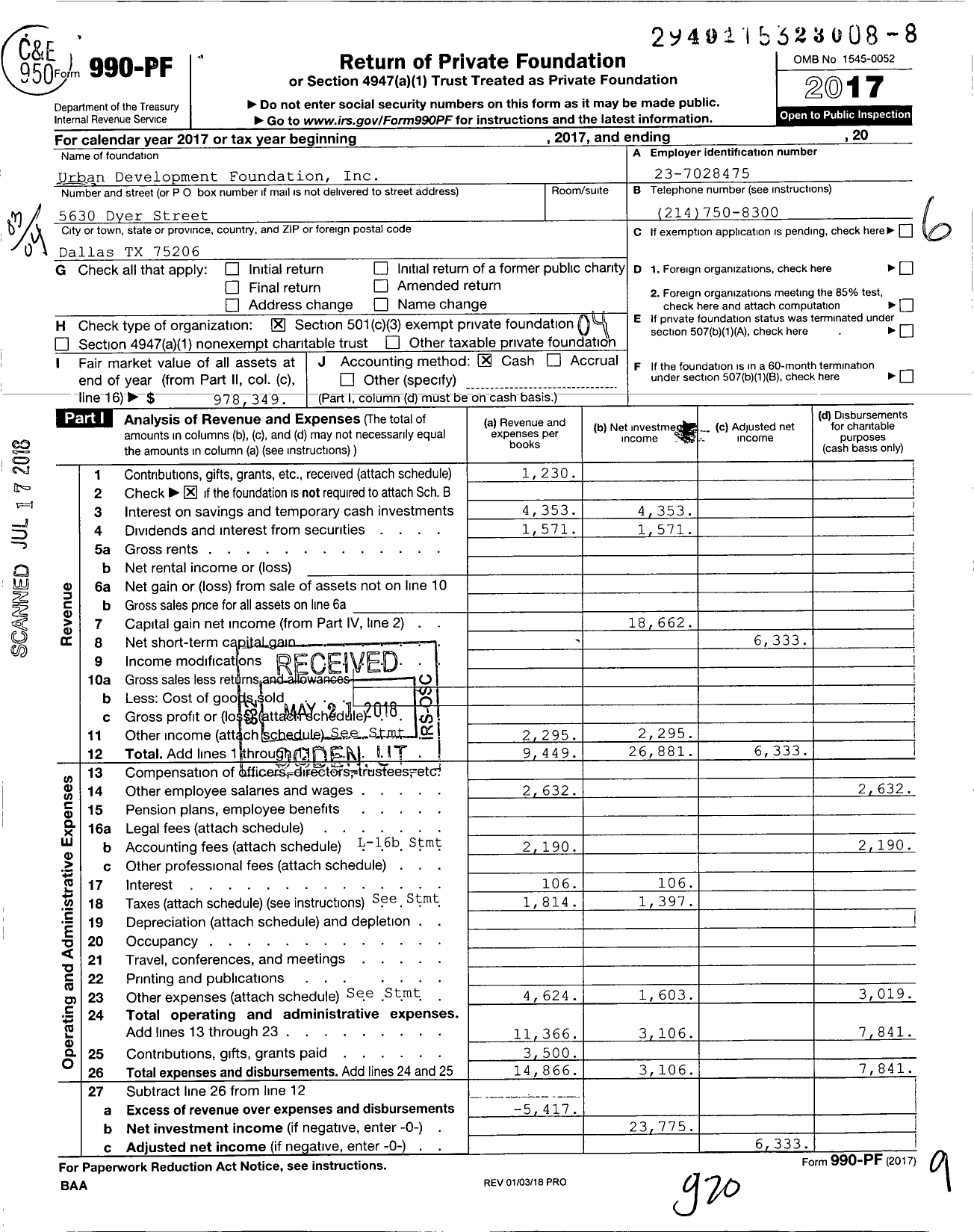 Image of first page of 2017 Form 990PF for Urban Development Foundation