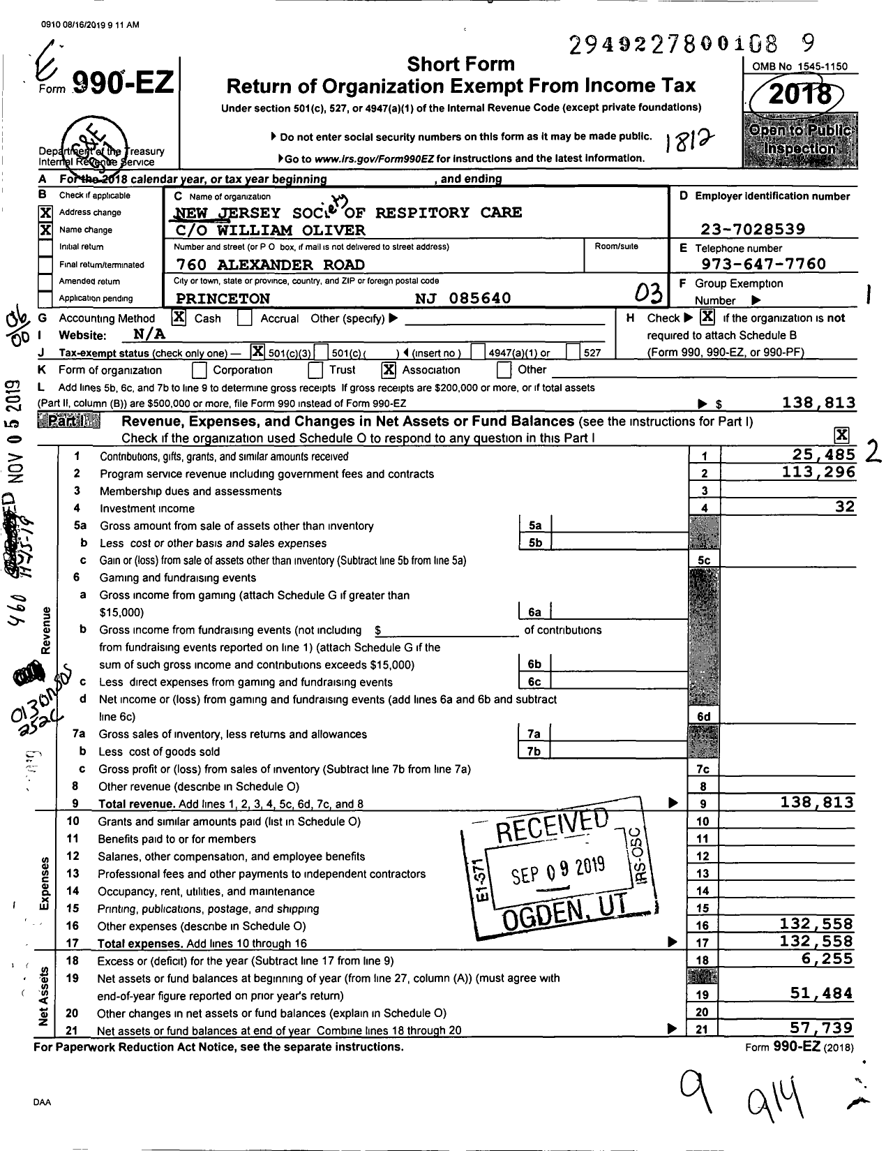 Image of first page of 2018 Form 990EO for New Jersey Society of the American Association for Respiratory Care