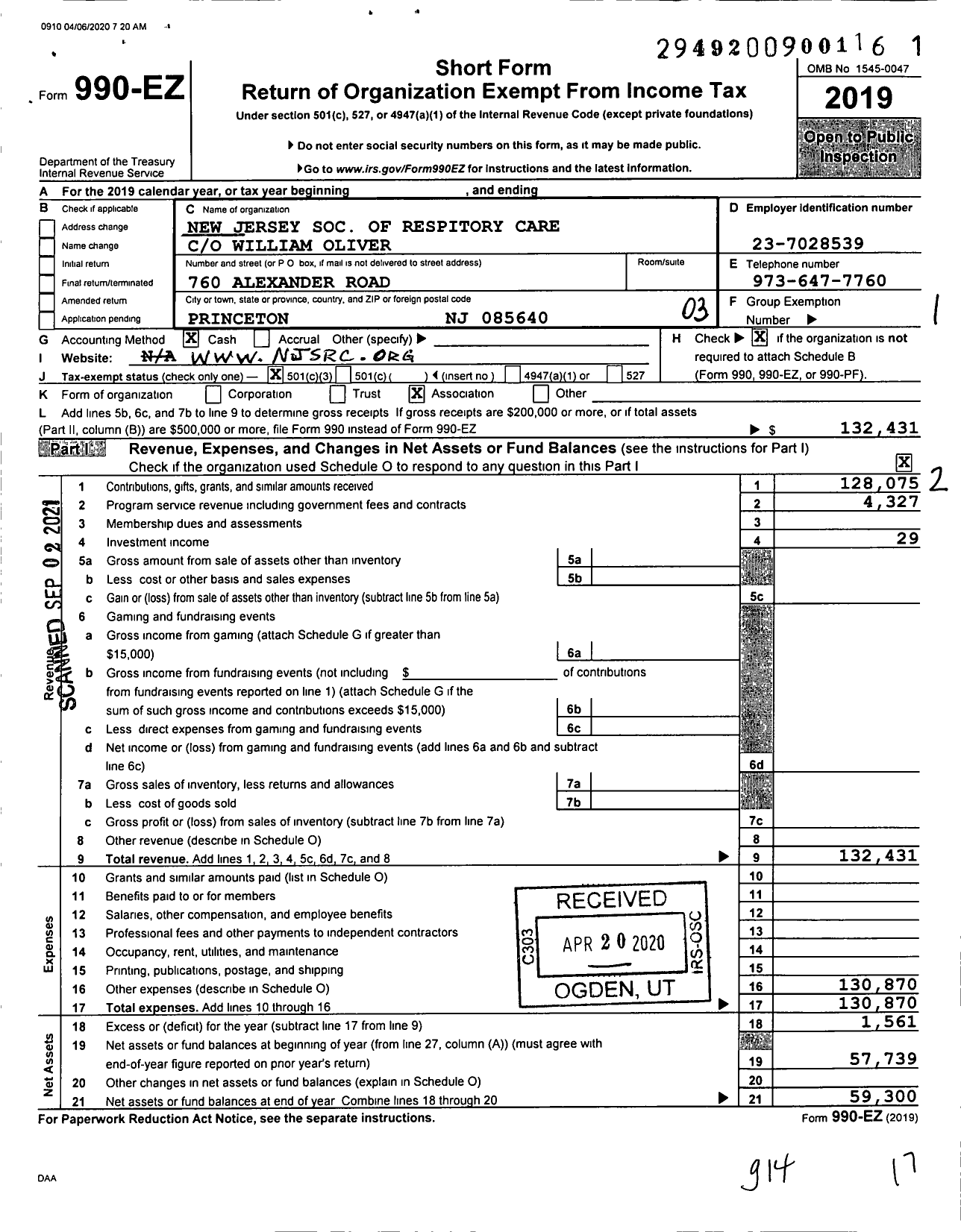 Image of first page of 2019 Form 990EZ for New Jersey Society of the American Association for Respiratory Care