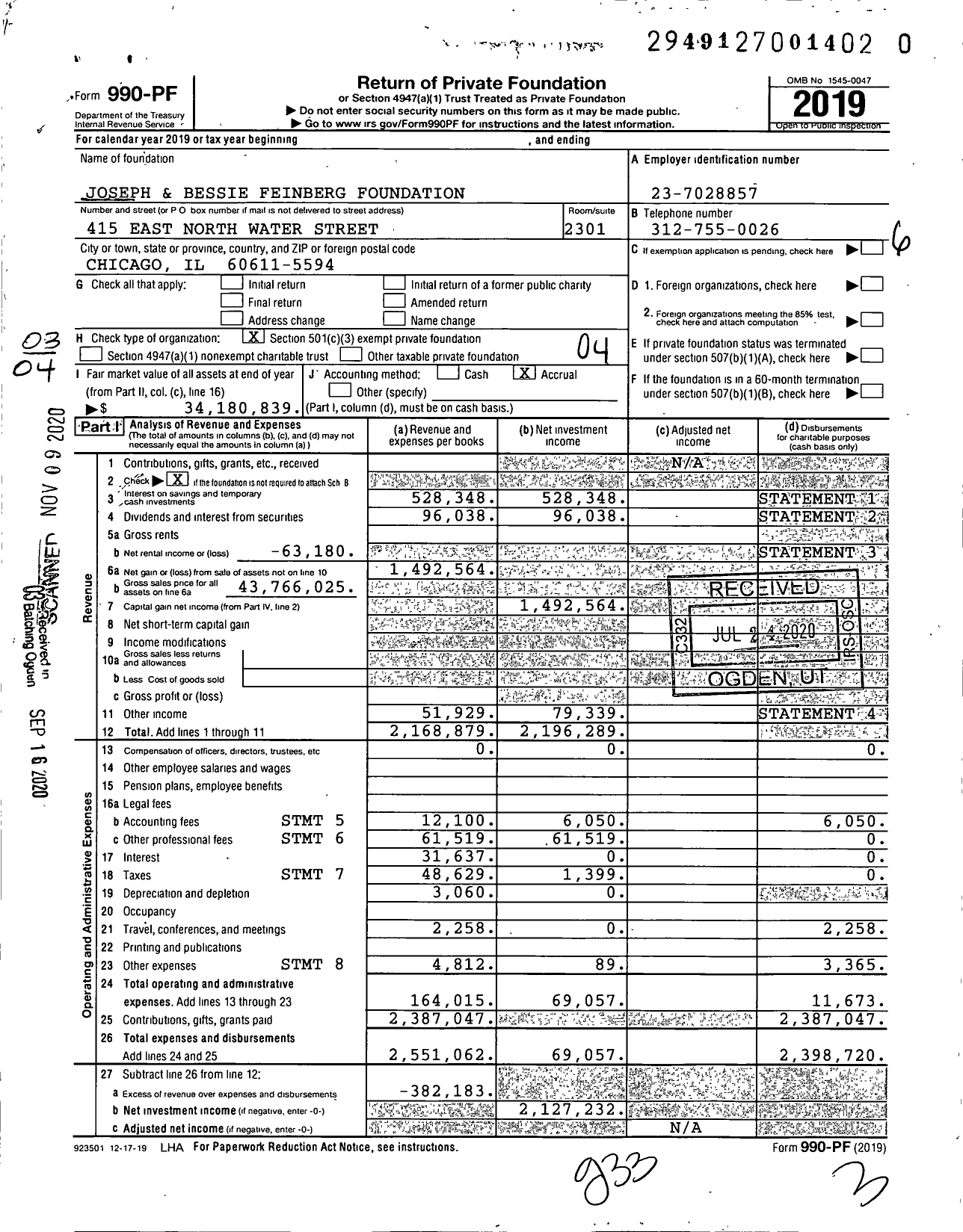 Image of first page of 2019 Form 990PF for Joseph and Bessie Feinberg Foundation