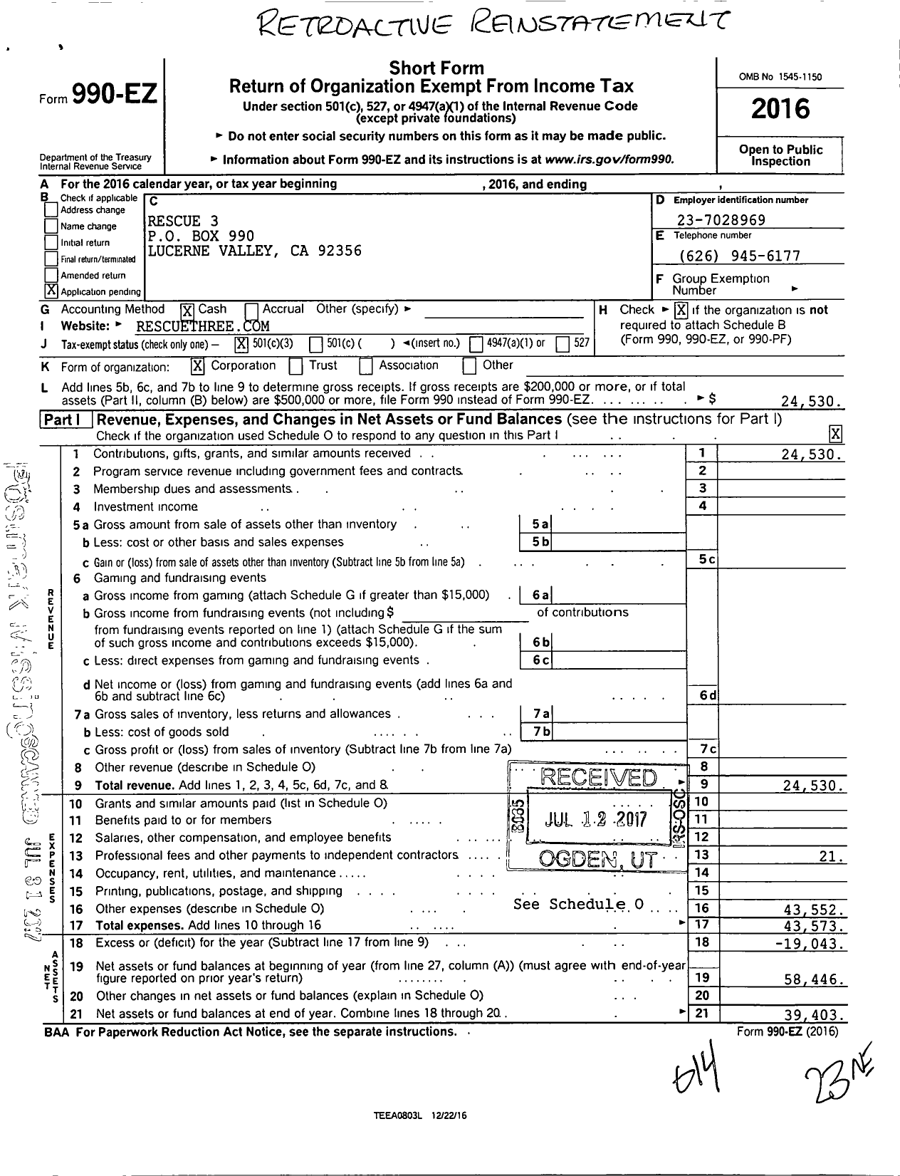 Image of first page of 2016 Form 990EZ for Rescue 3