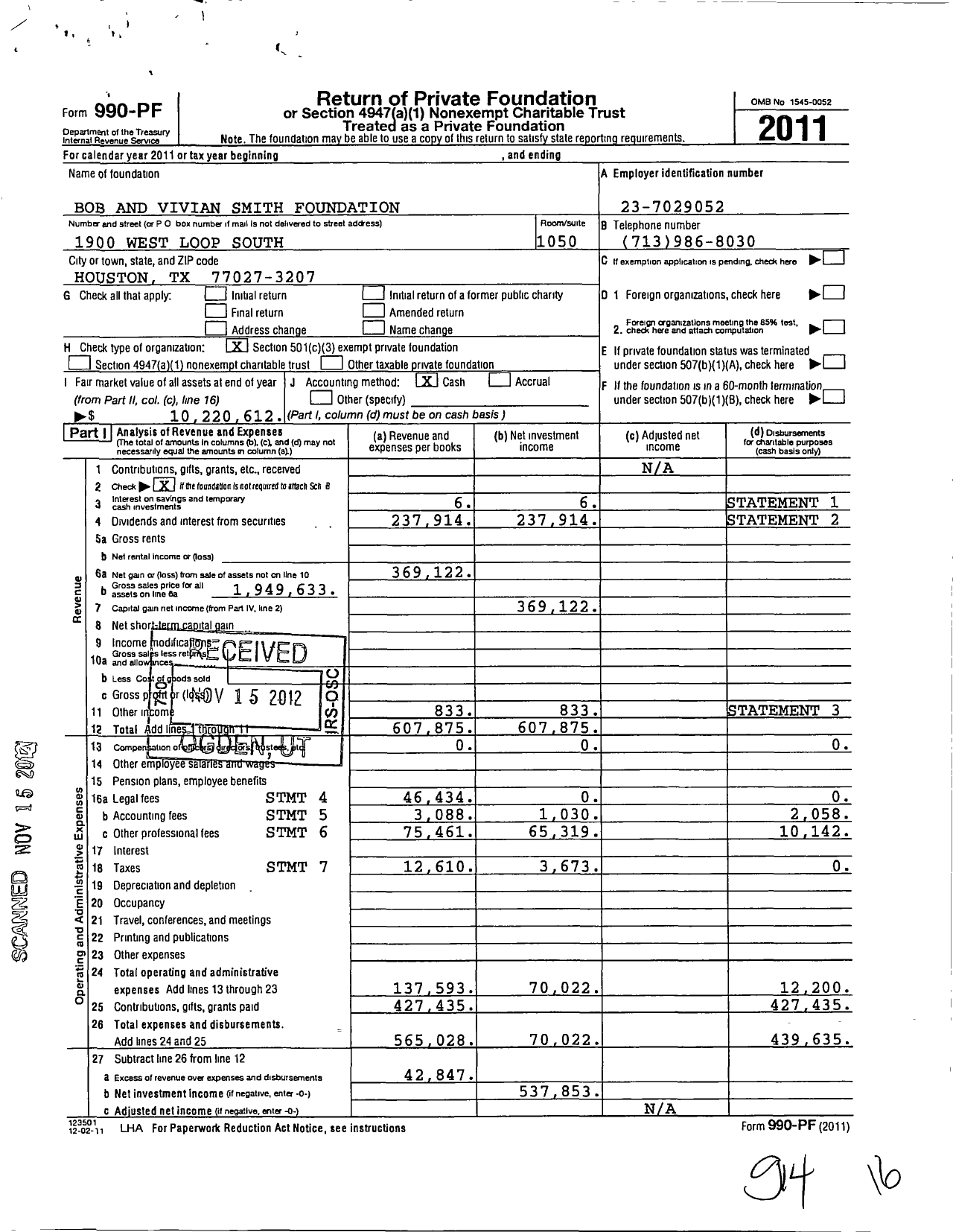 Image of first page of 2011 Form 990PF for Bob and Vivian Smith Foundation