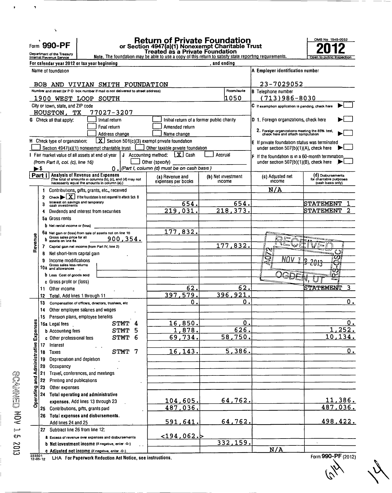 Image of first page of 2012 Form 990PF for Bob and Vivian Smith Foundation