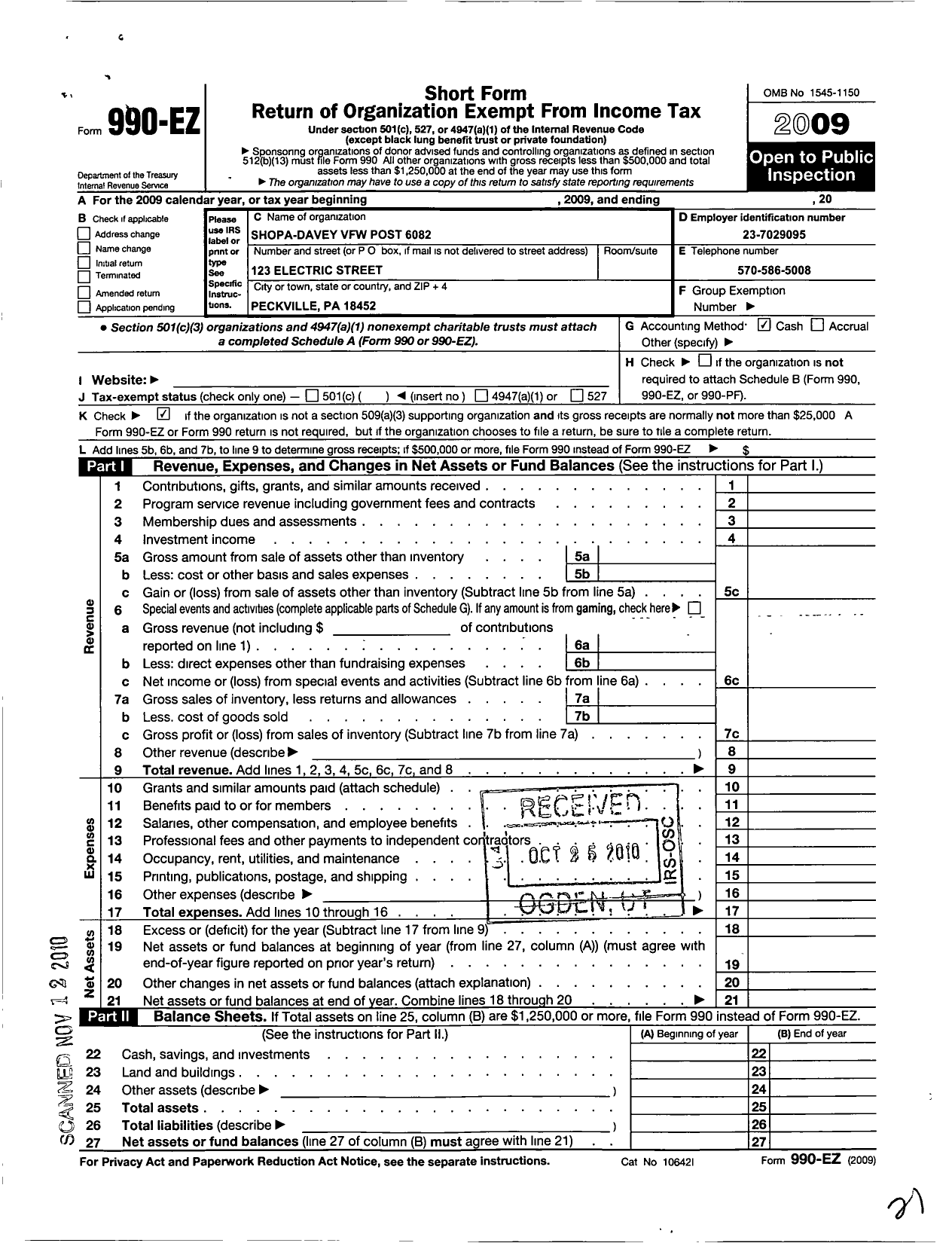 Image of first page of 2009 Form 990EO for VFW Department of Pennsylvania - 6082 Vfw-Penn Shopa Davey