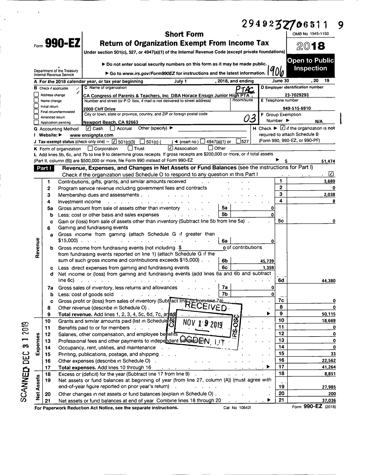 Image of first page of 2018 Form 990EZ for California State PTA - Horace Ensign PTA