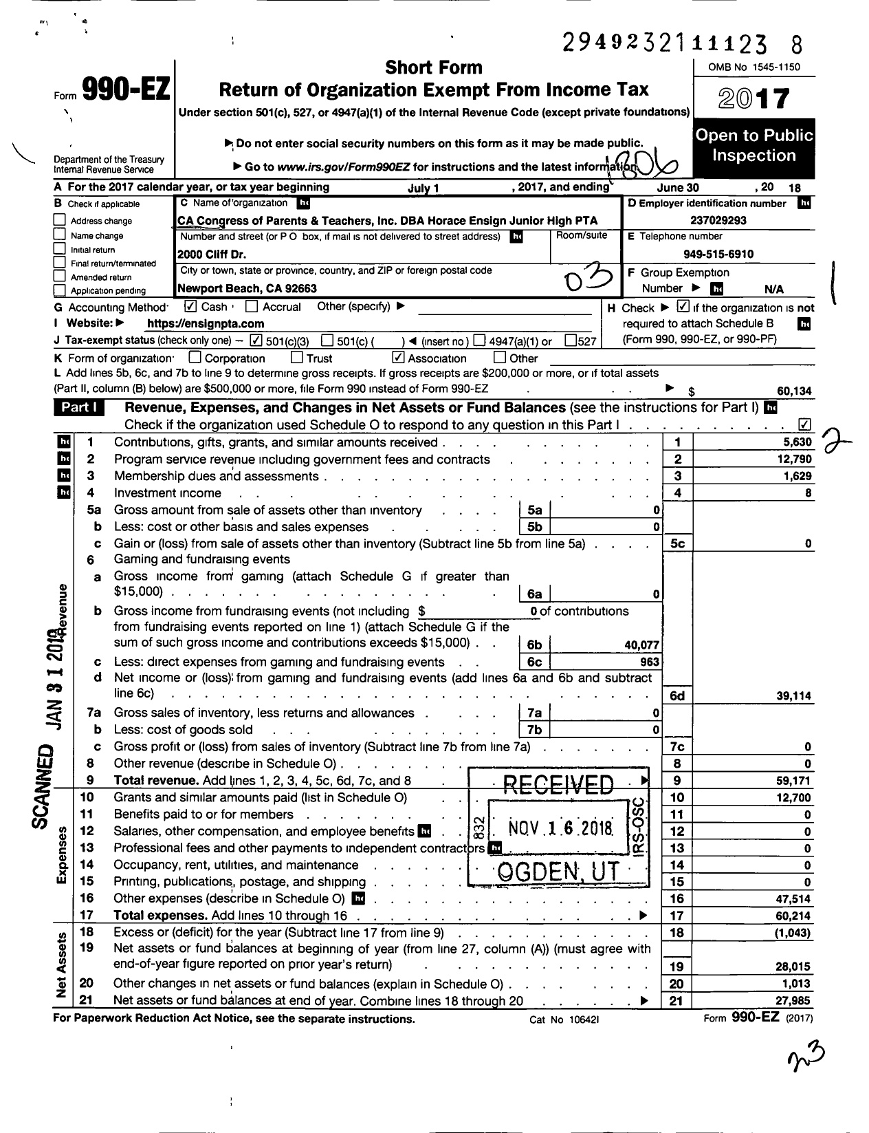 Image of first page of 2017 Form 990EZ for California State PTA - Horace Ensign PTA